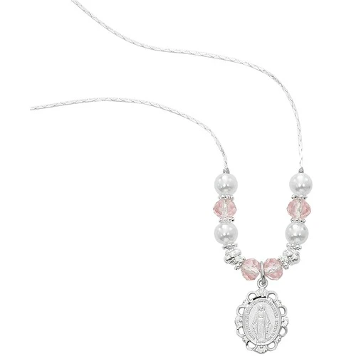 Pearl & Pink Crystal Miraculous Medal Necklace - Image 2