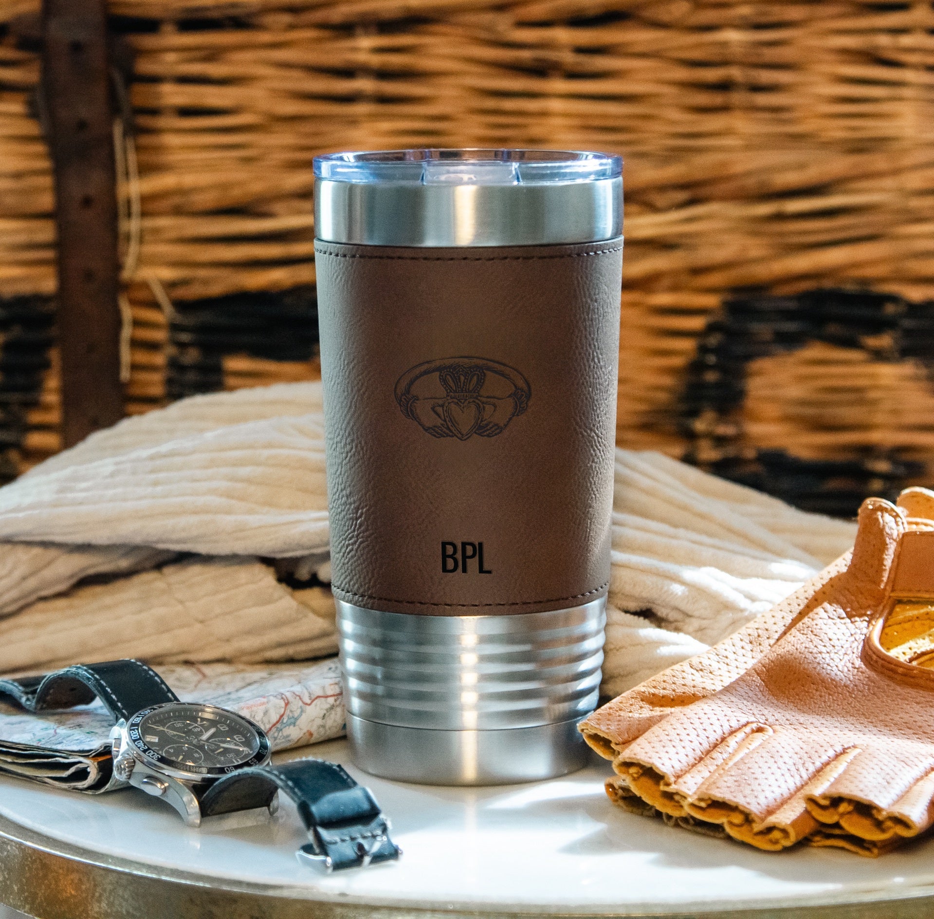 Personalized Claddagh Stainless Steel & Leather Tumbler