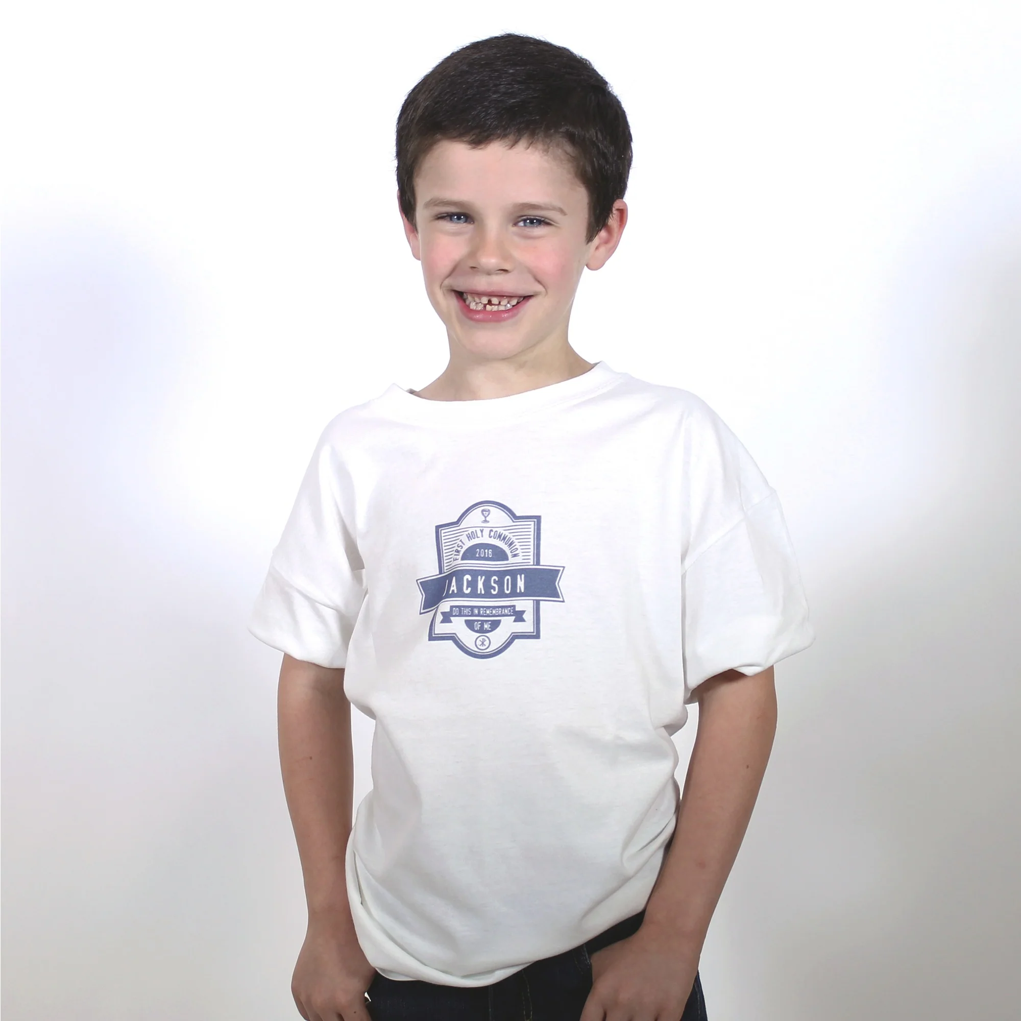 Personalized First Communion Tee - White with Blue