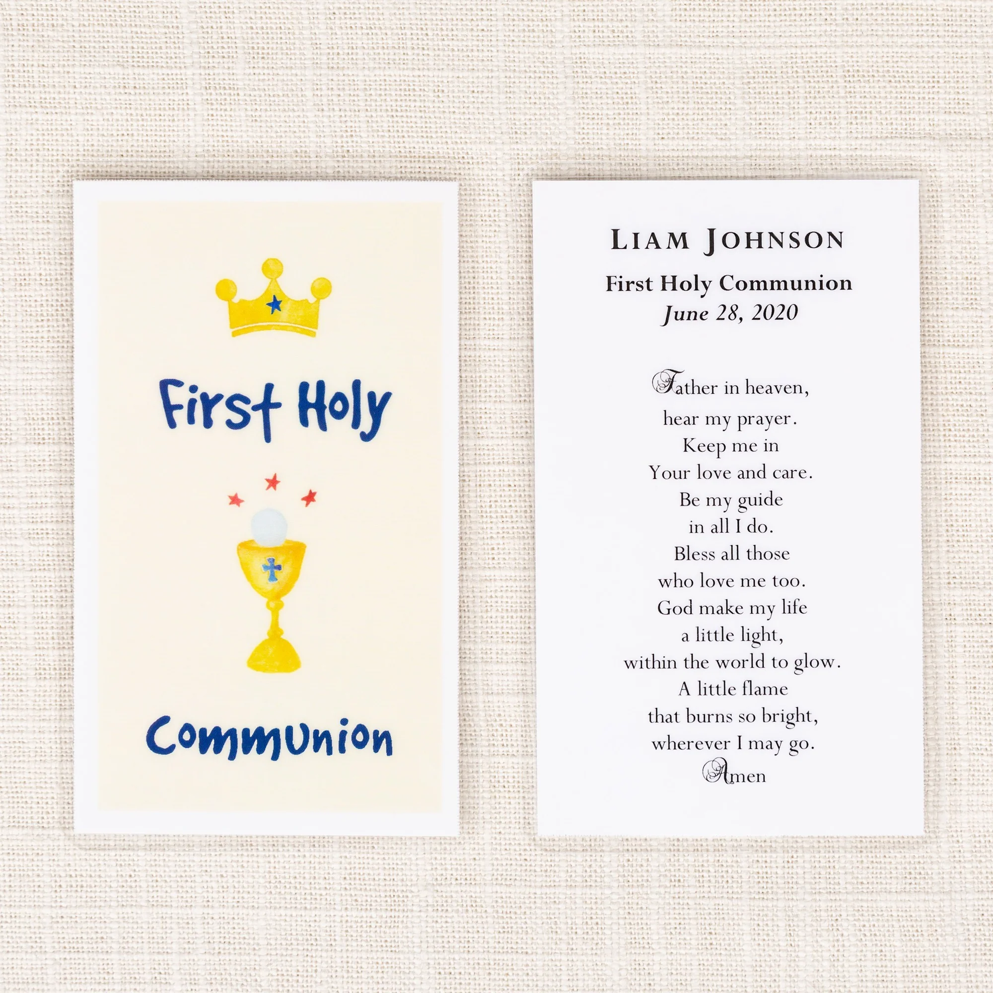 Personalized First Communion Watercolor Boys Prayer Card