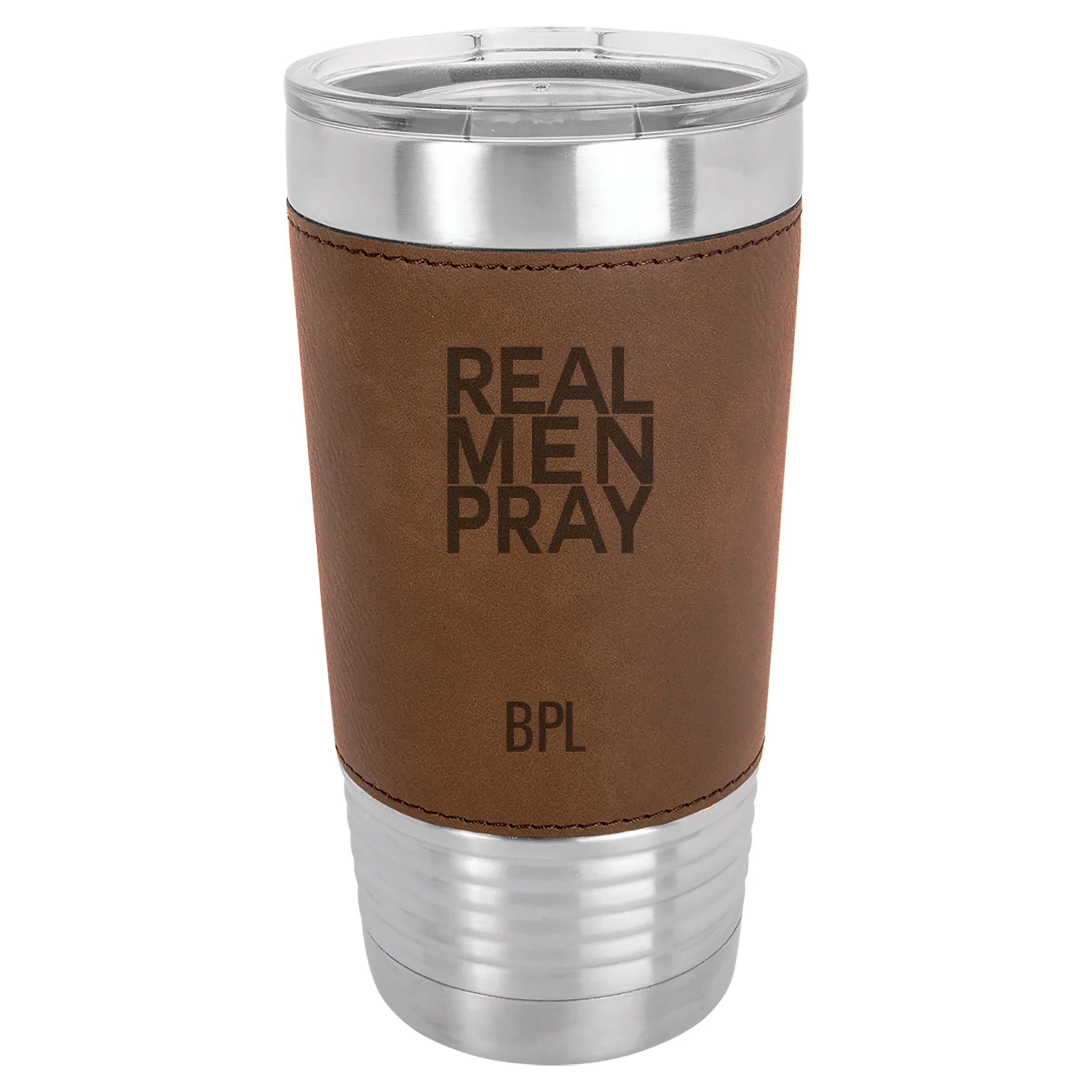 Personalized Real Men Pray Stainless Steel & Leather Tumbler - Image 2