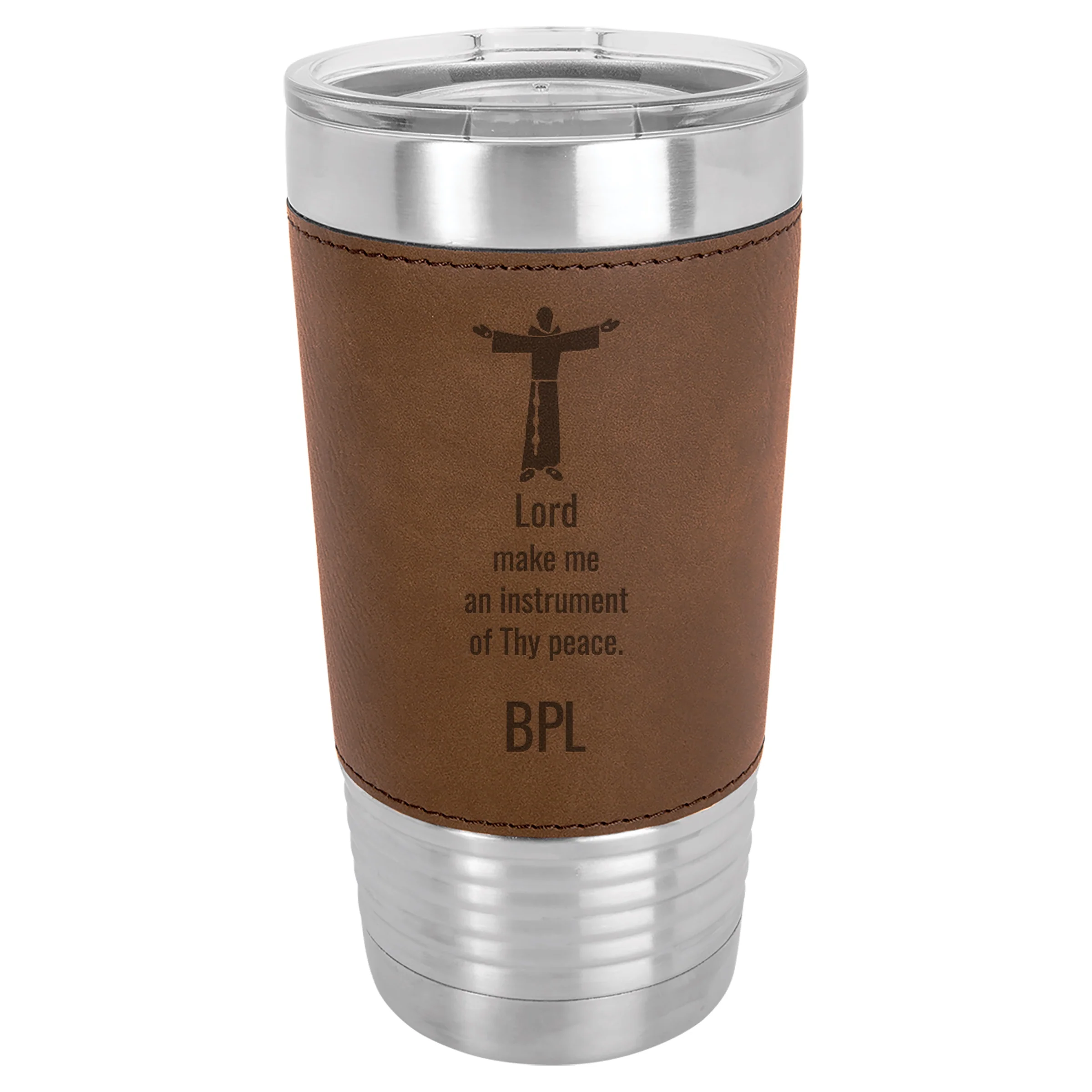 Personalized St. Francis Stainless Steel & Leather Tumbler - Image 2
