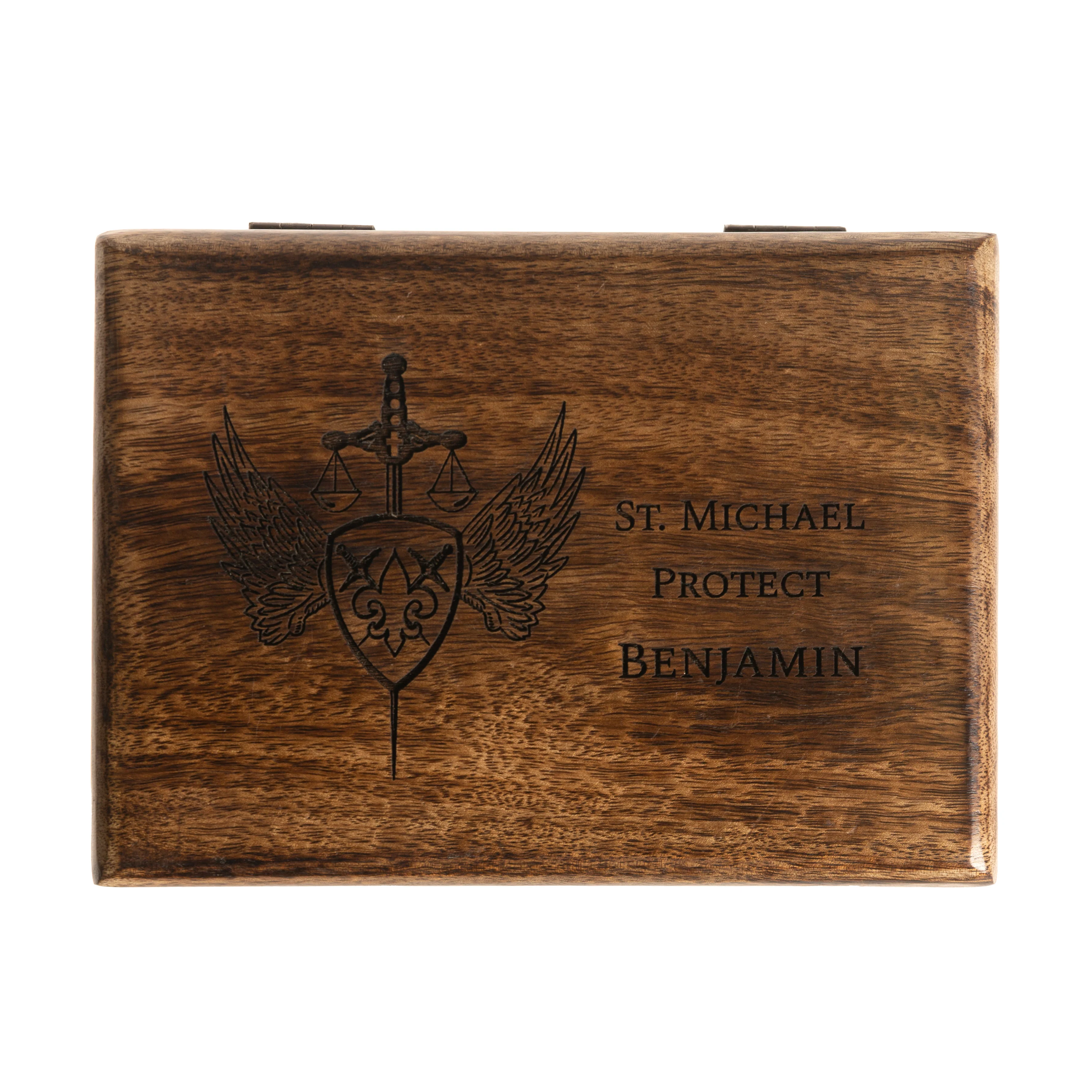 Personalized St. Michael Wood Keepsake Box, 5x7 - Image 2