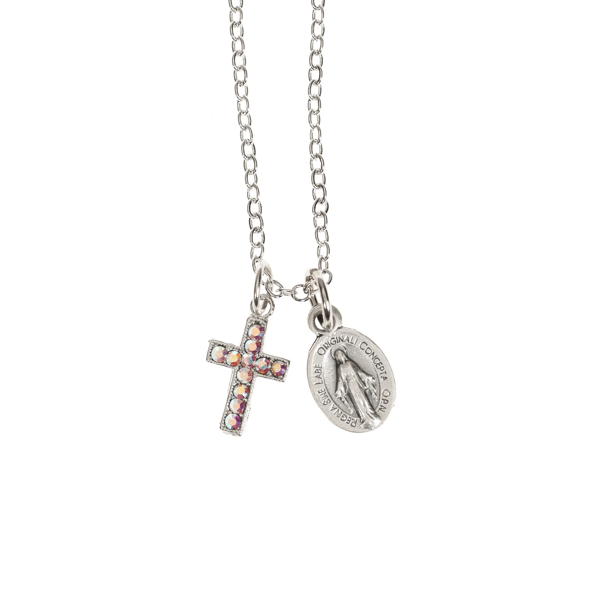 Petite Miraculous Medal & Pink Swarovski Cross Necklace