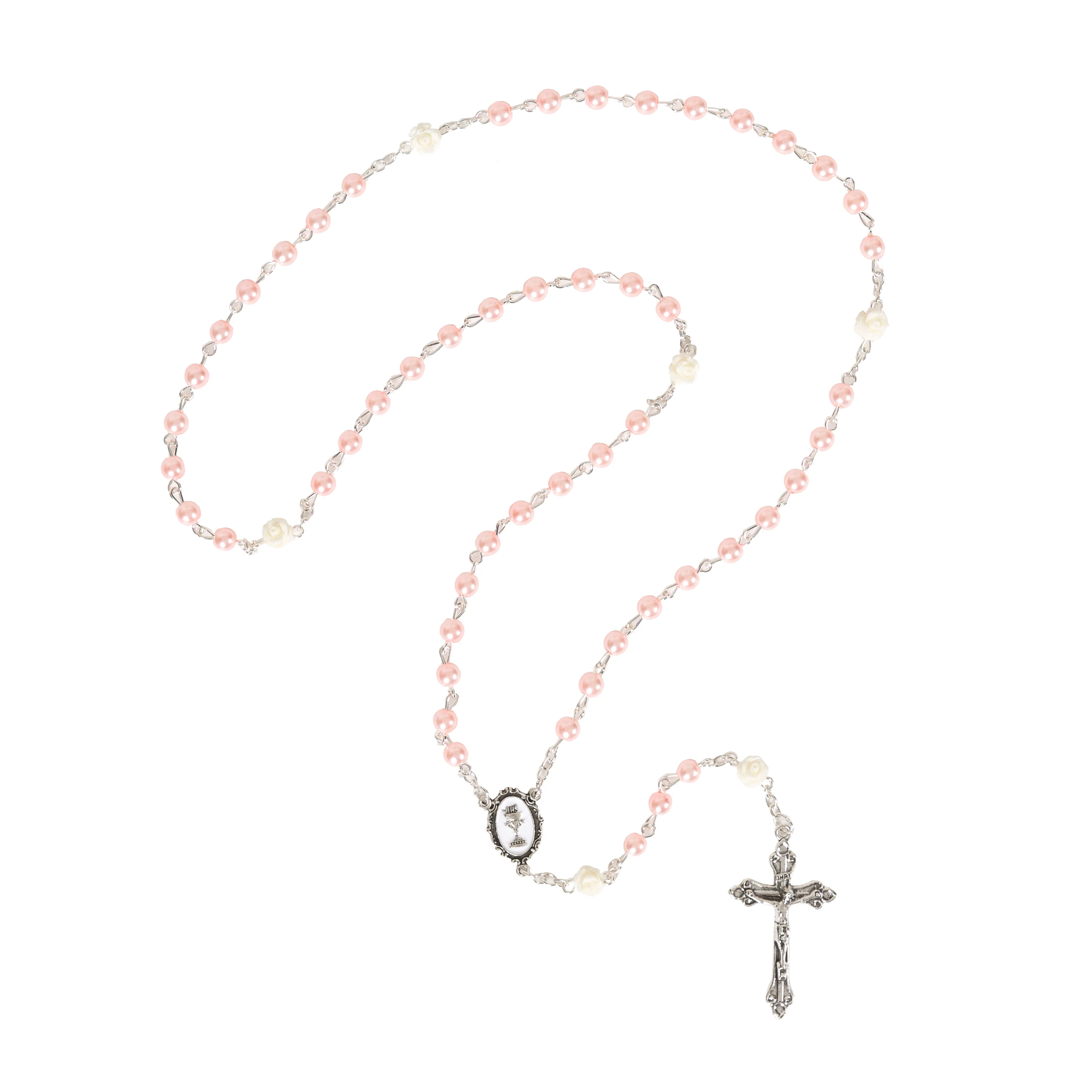 Pink Communion Rosary with White Roses - Image 2