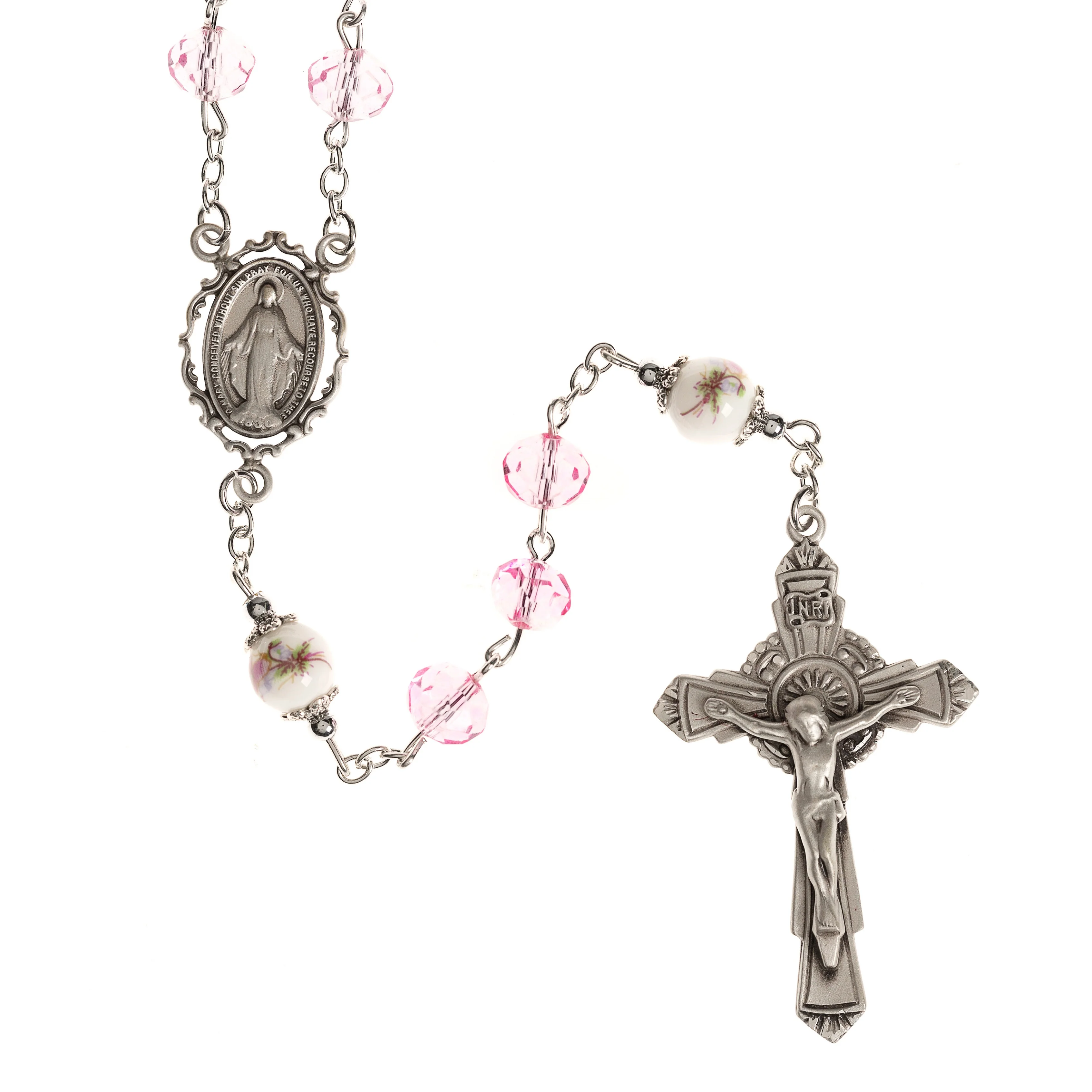 Pink Crystal Sterling Silver Miraculous Medal Rosary - Image 3