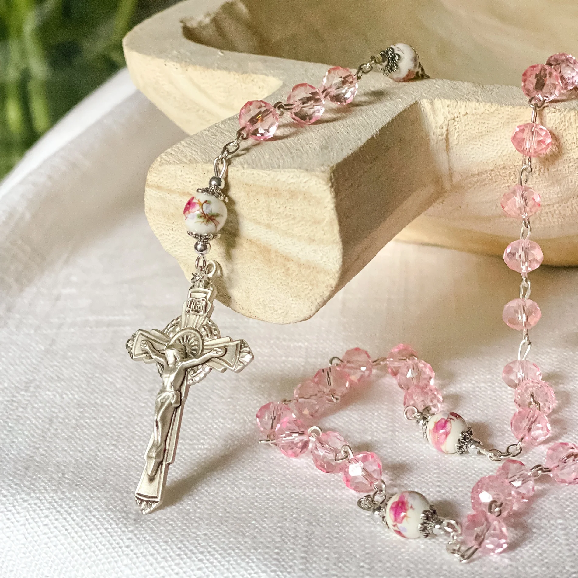 Pink Crystal Sterling Silver Miraculous Medal Rosary - Image 4