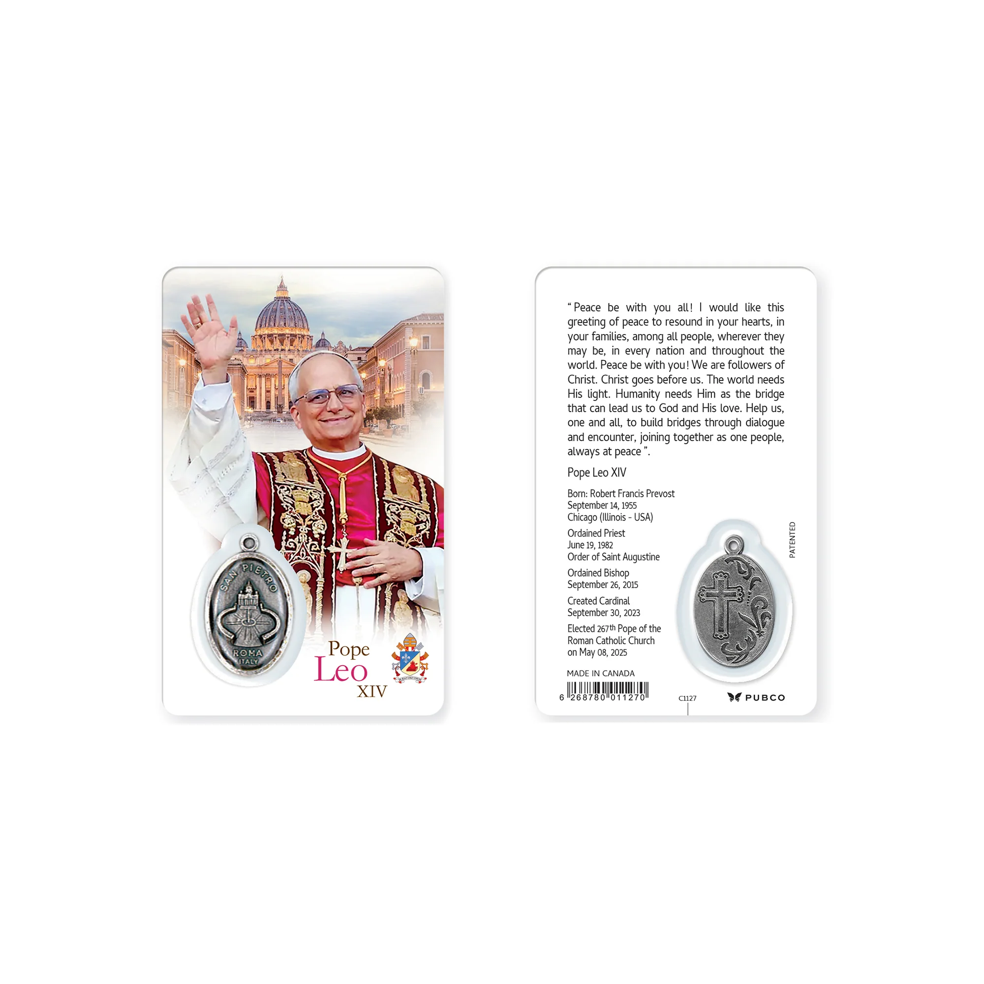 Pope Leo Prayer Card with St. Peter's Basilica Medal