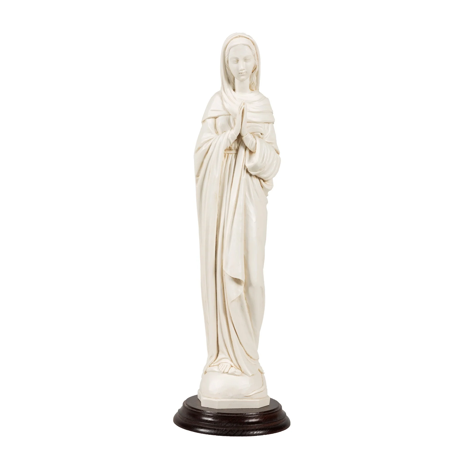 Praying Madonna Antique White Statue on Wood Base - Image 3