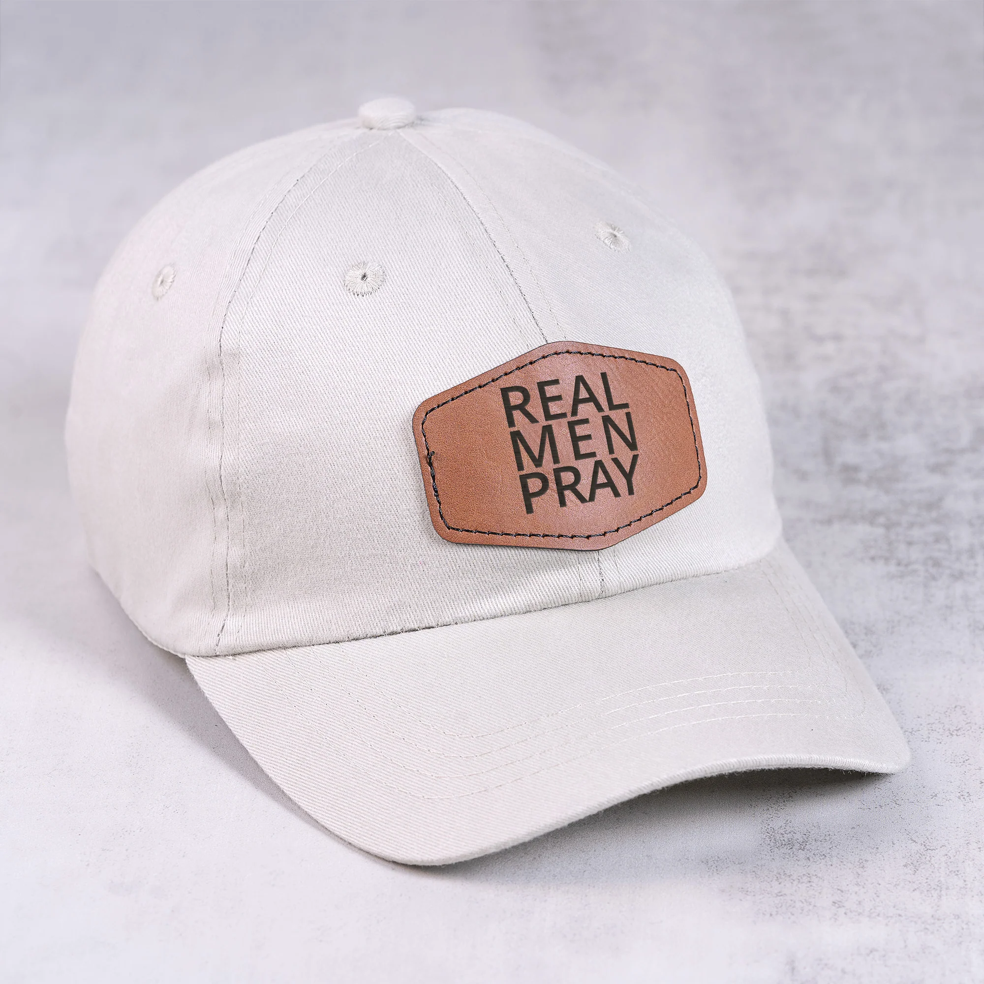 Real Men Pray Leather Patch Ball Cap - stone
