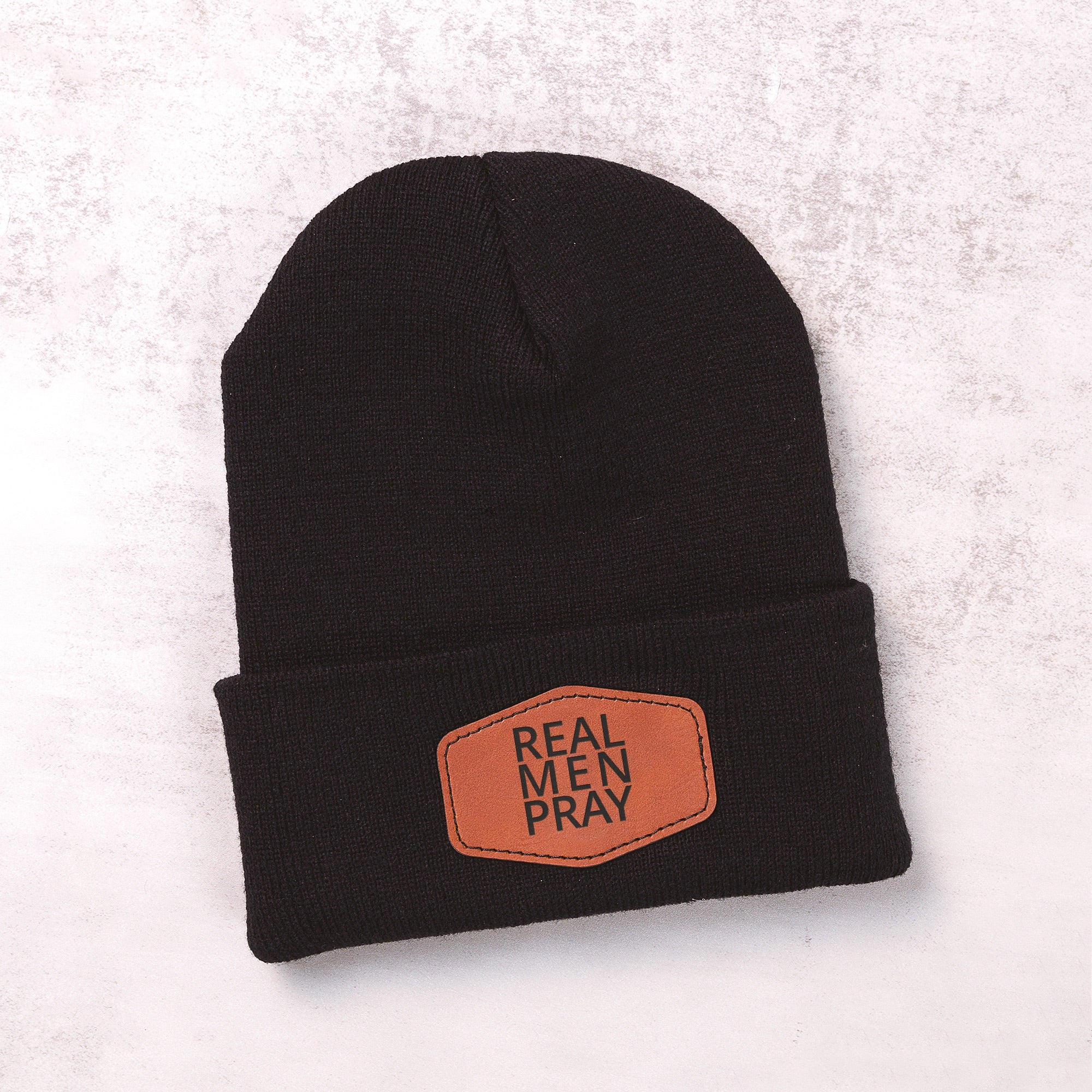 Real Men Pray Leather Patch Beanie - Image 2