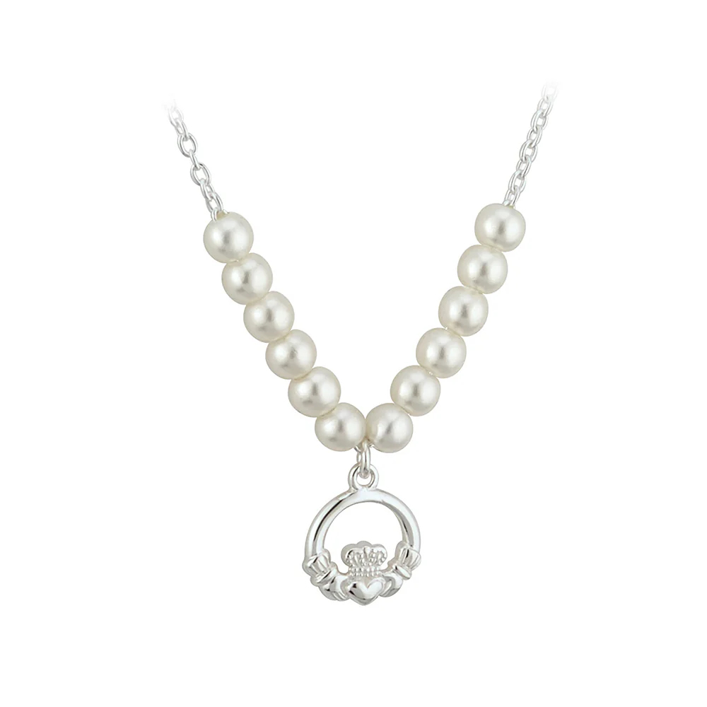 Rhodium-Plated Pearl Claddagh Necklet - Image 2