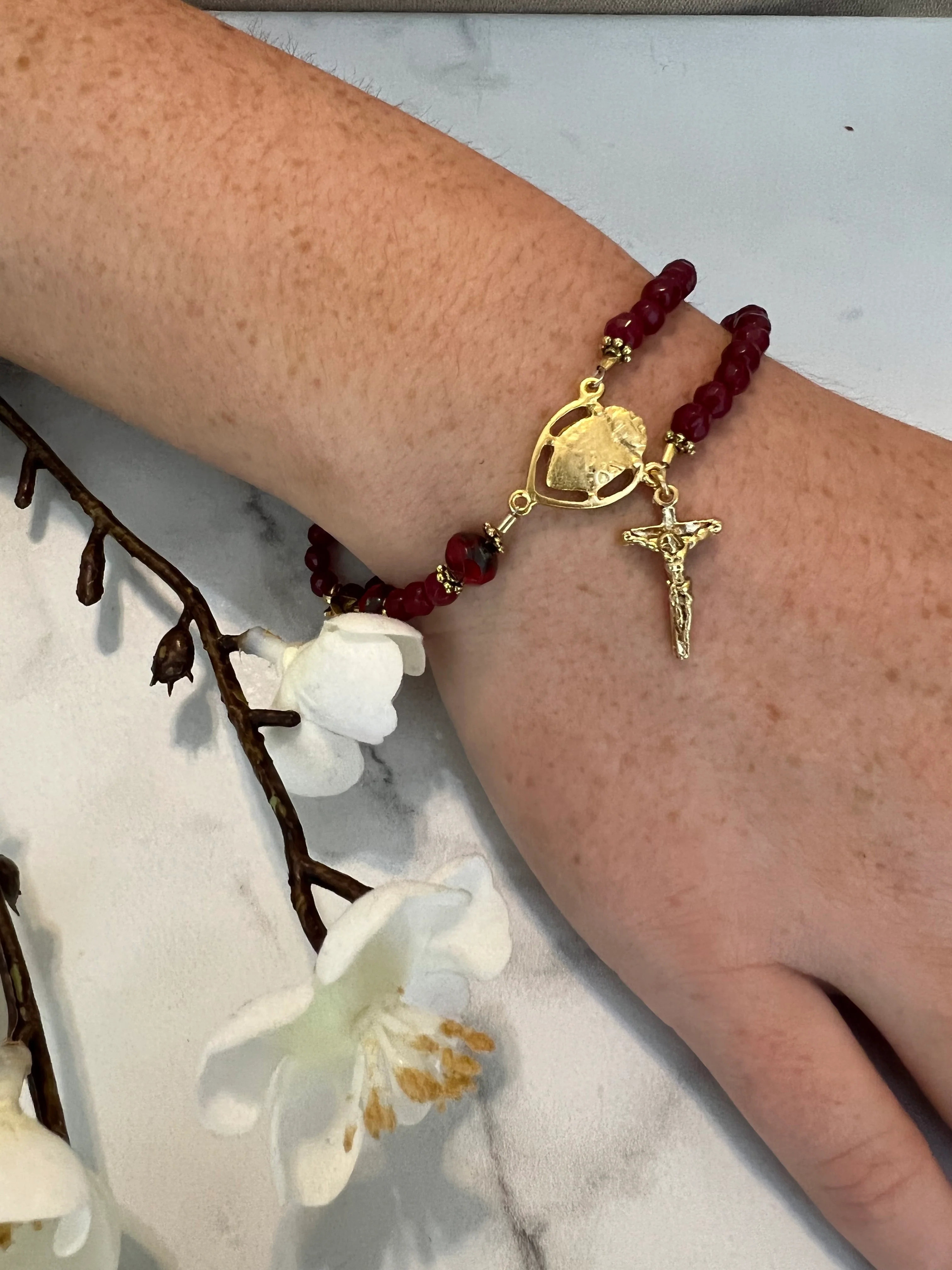 Ruby & Czech Glass Double Strand Rosary Bracelet