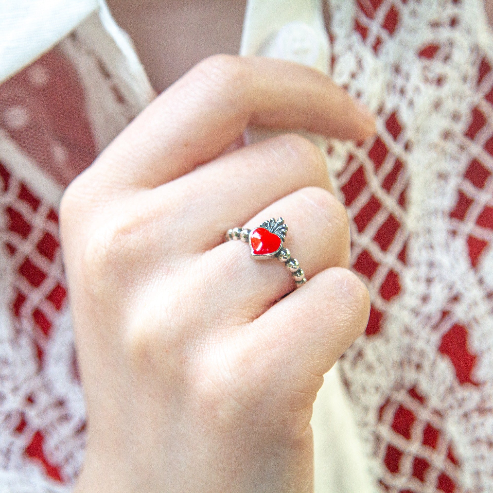 Sacred Heart Ring with Red Accent in Beaded Sterling