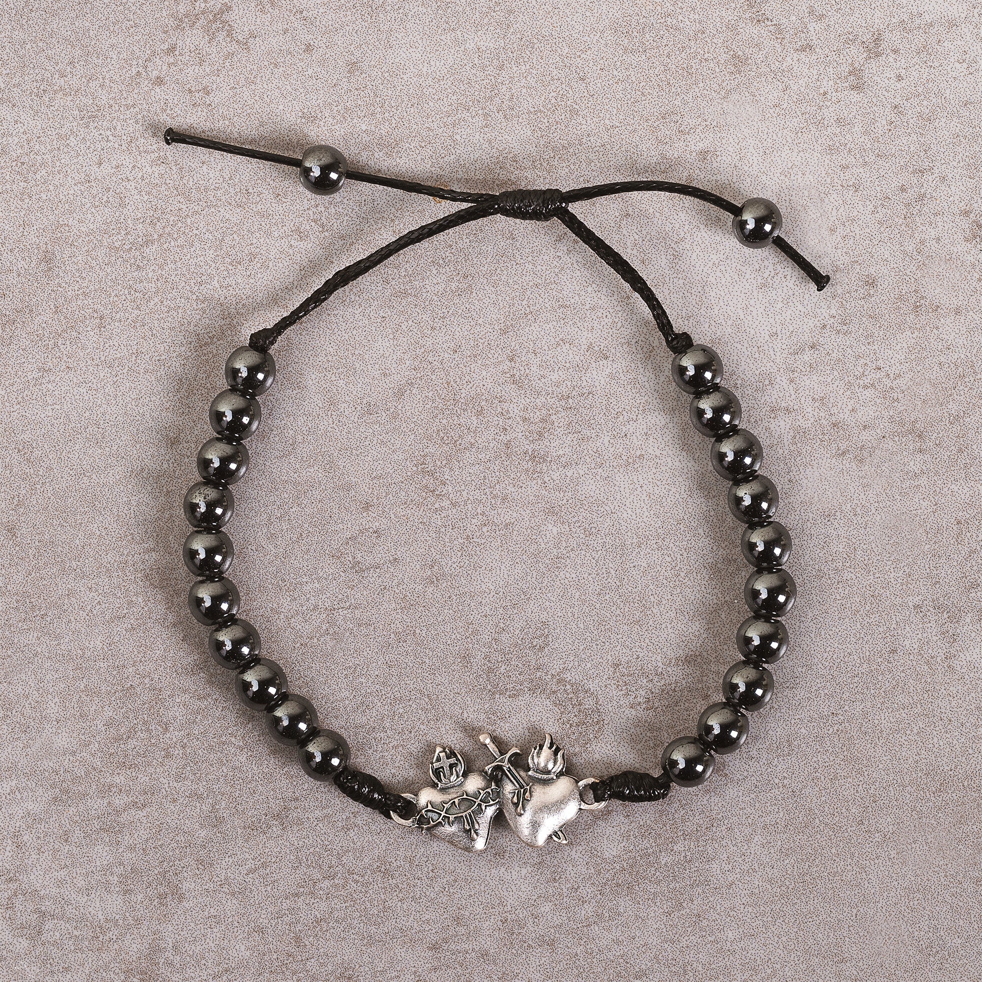 Sacred & Immaculate Hearts Hematite Corded Bracelet