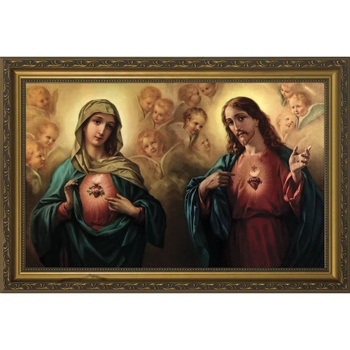 Sacred & Immaculate Hearts Surrounded by Angels in Gold Frame - Image 2