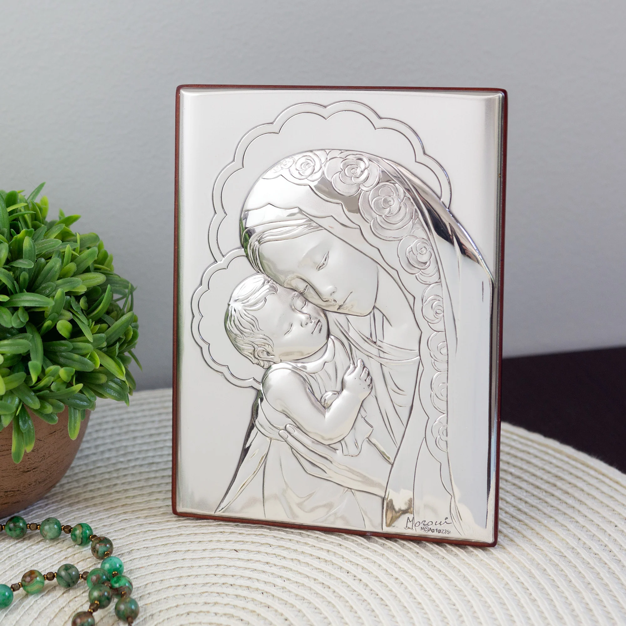 Silver Madonna and Child Standing Plaque