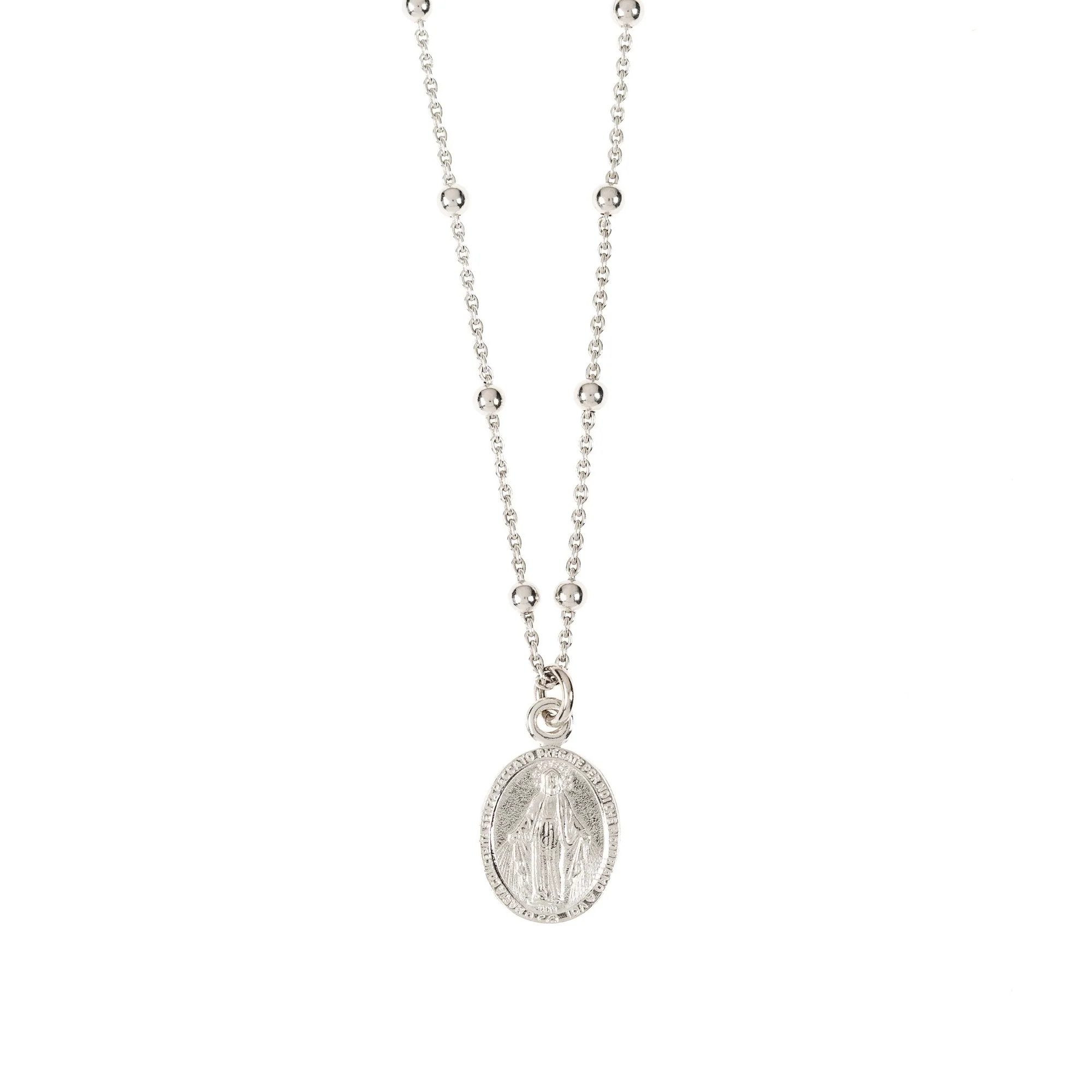Silver Miraculous Medal Beaded Chain Necklace