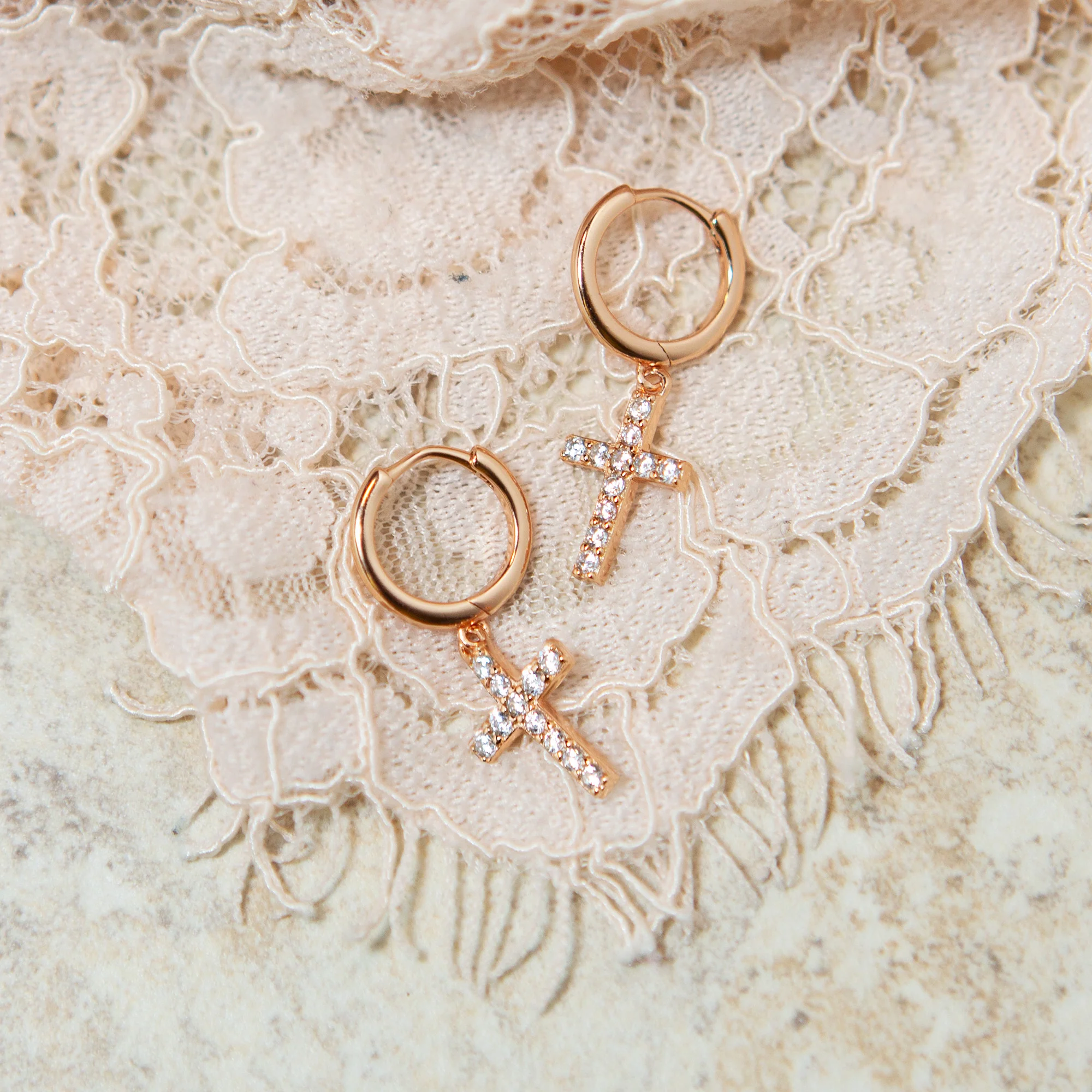 Sparkling Cross & Hoop Earrings - Rose Gold, Silver or Gold - Image 3
