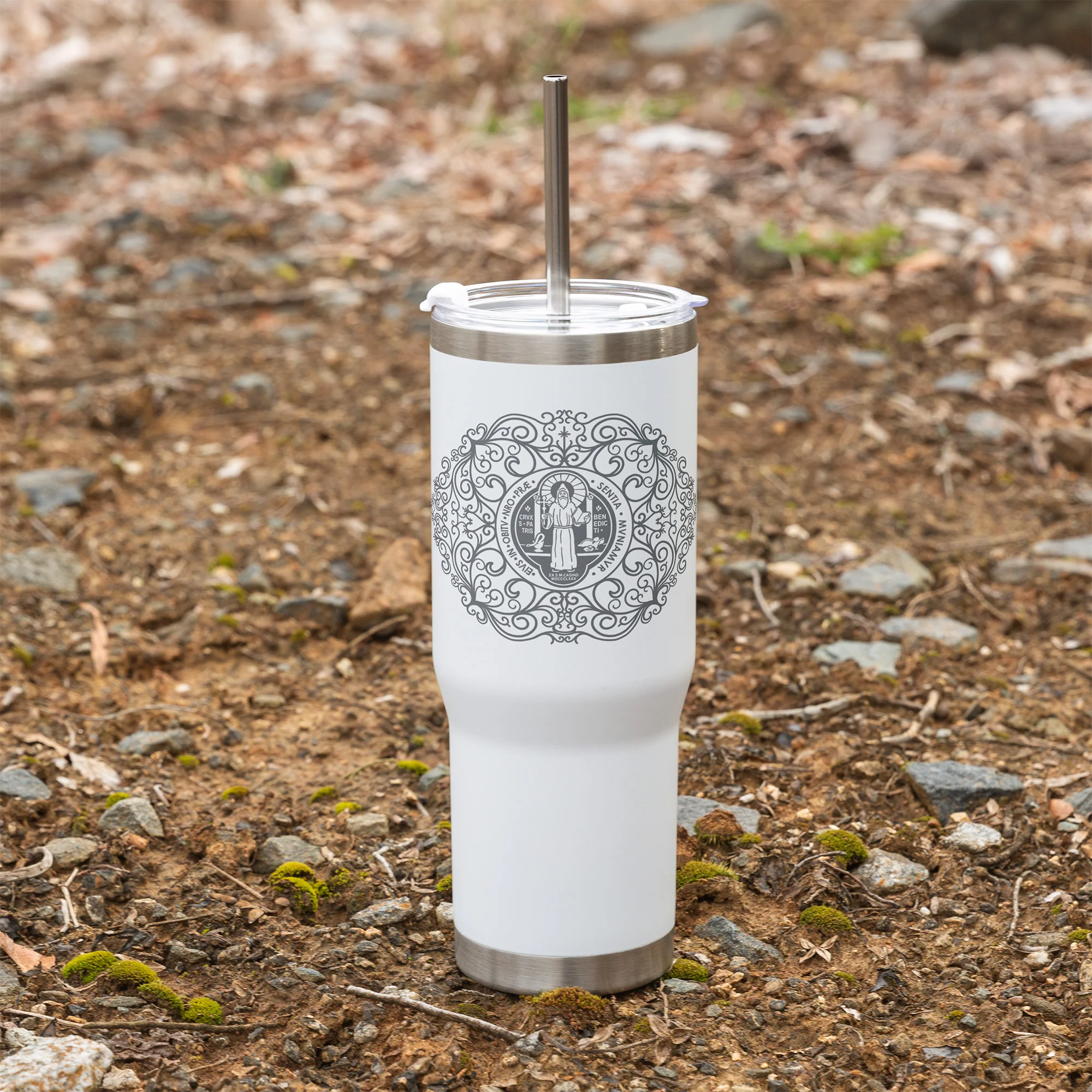 St. Benedict Filigree Tumbler with Straw - Image 8