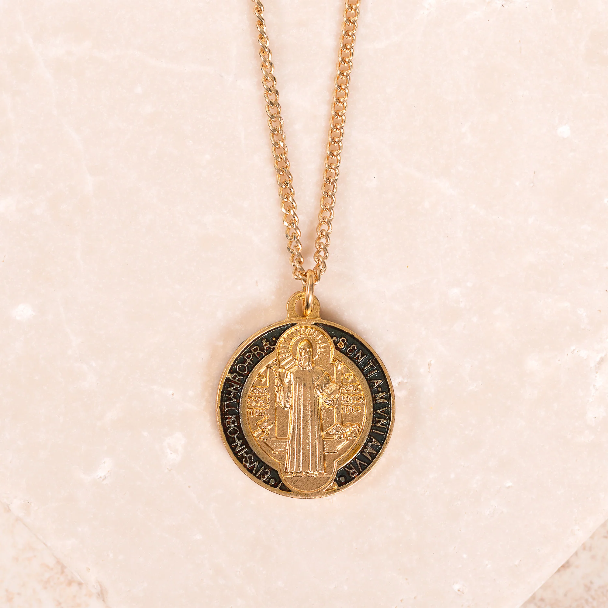 St. Benedict Gilt Gold and Aqua Medal with chain - Image 2