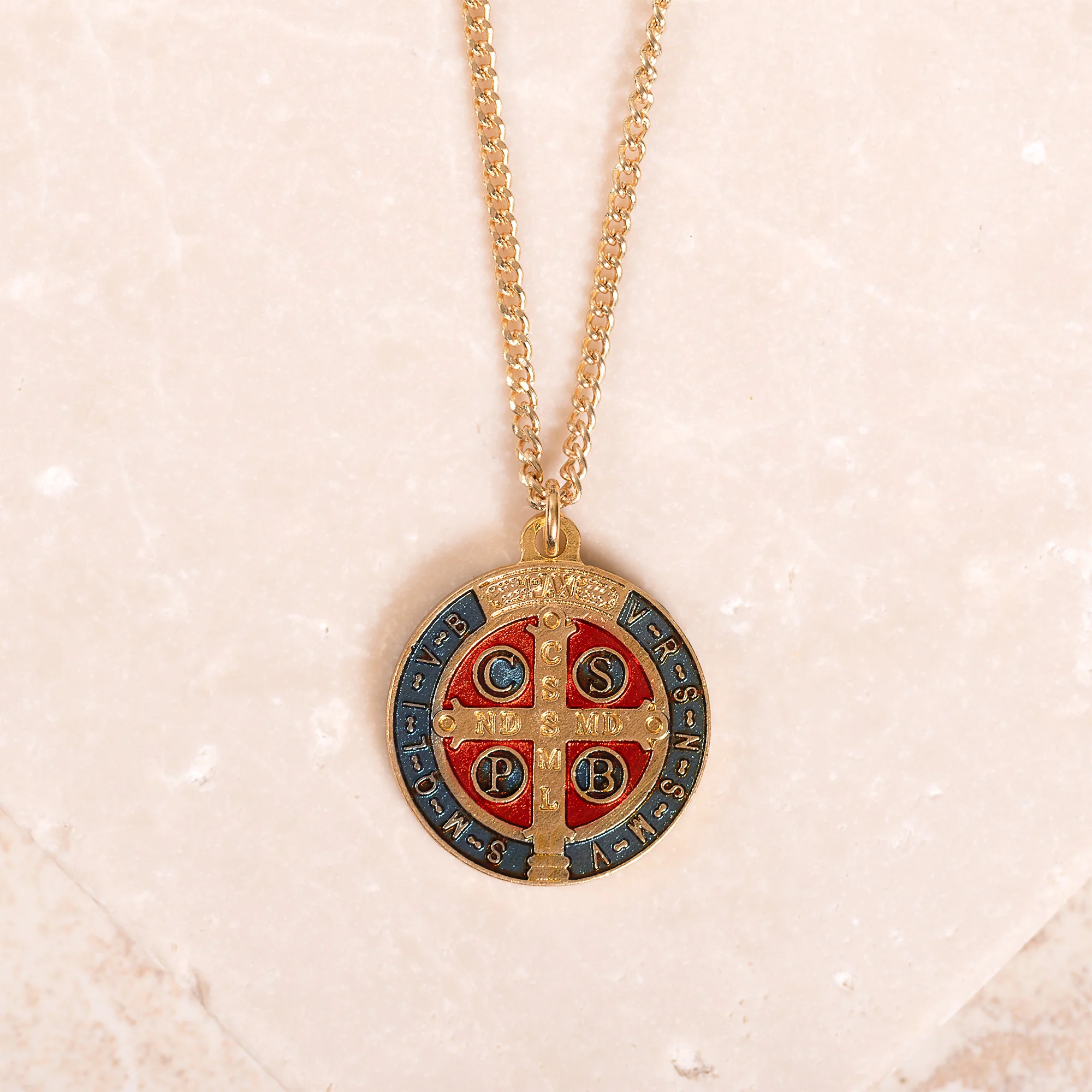 St. Benedict Gilt Gold and Aqua Medal with chain - Image 3