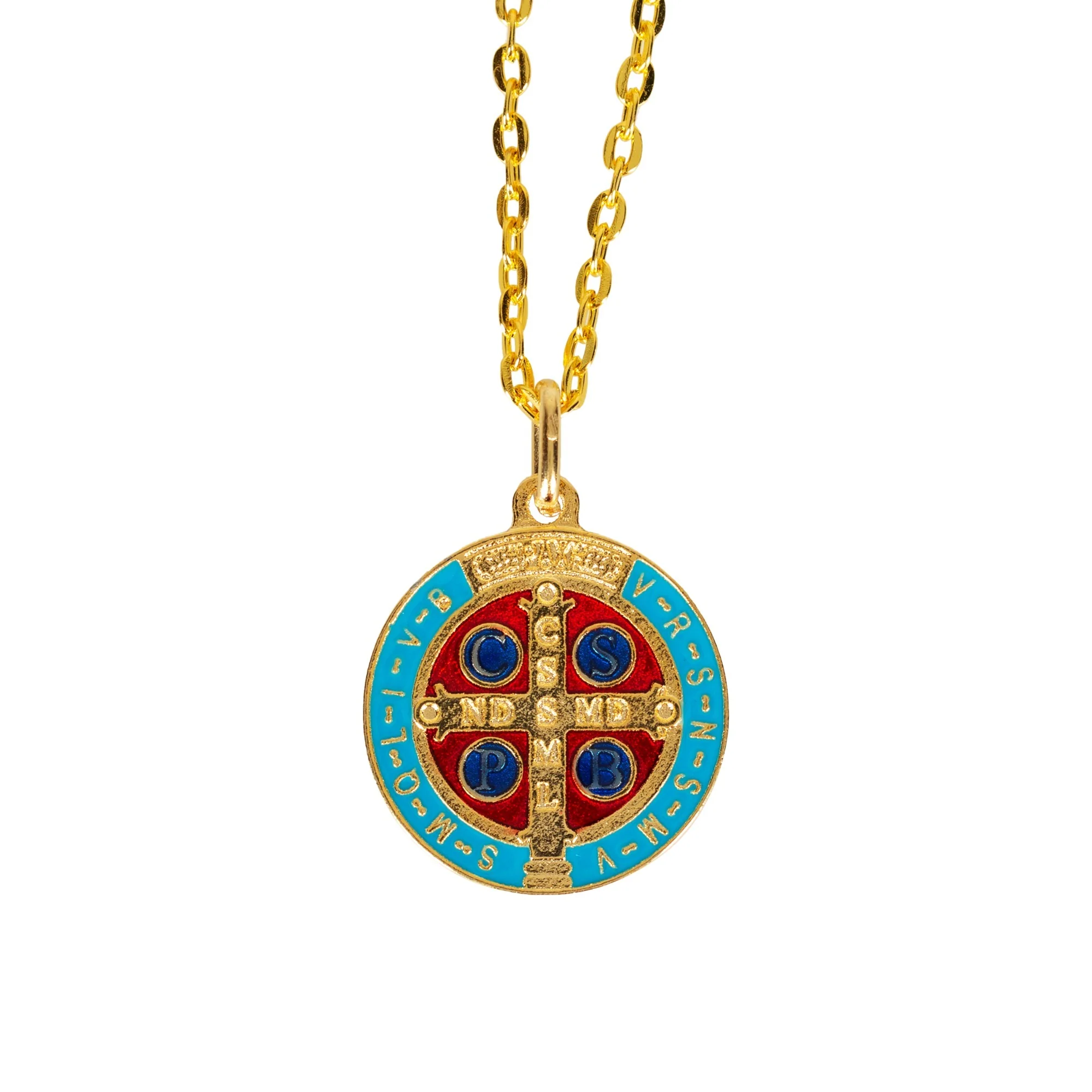 St. Benedict Gilt Gold and Aqua Medal with chain - Image 4