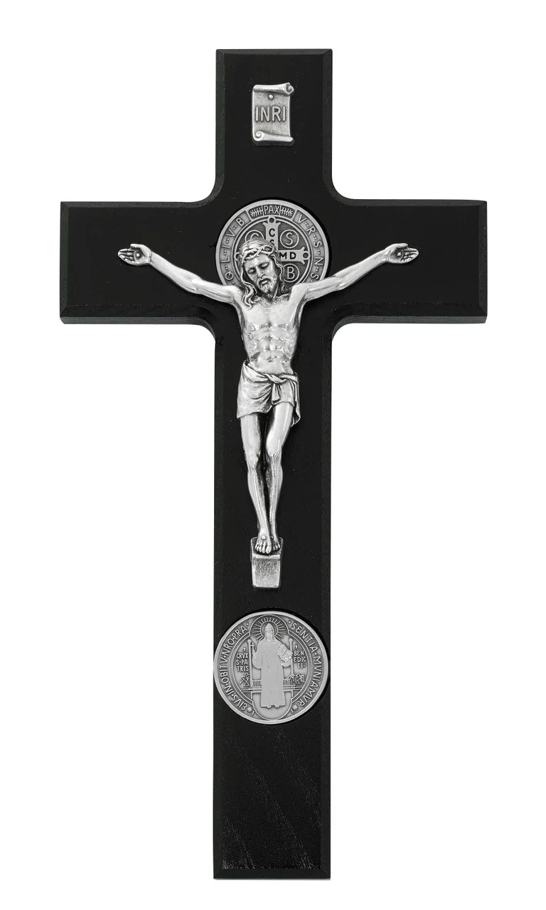 St. Benedict Wall Crucifix with Medals - Silver or Gold - 9"
