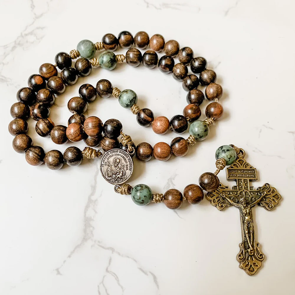 St. Joseph & Two Hearts Wood Bead Corded Rosary - Image 2