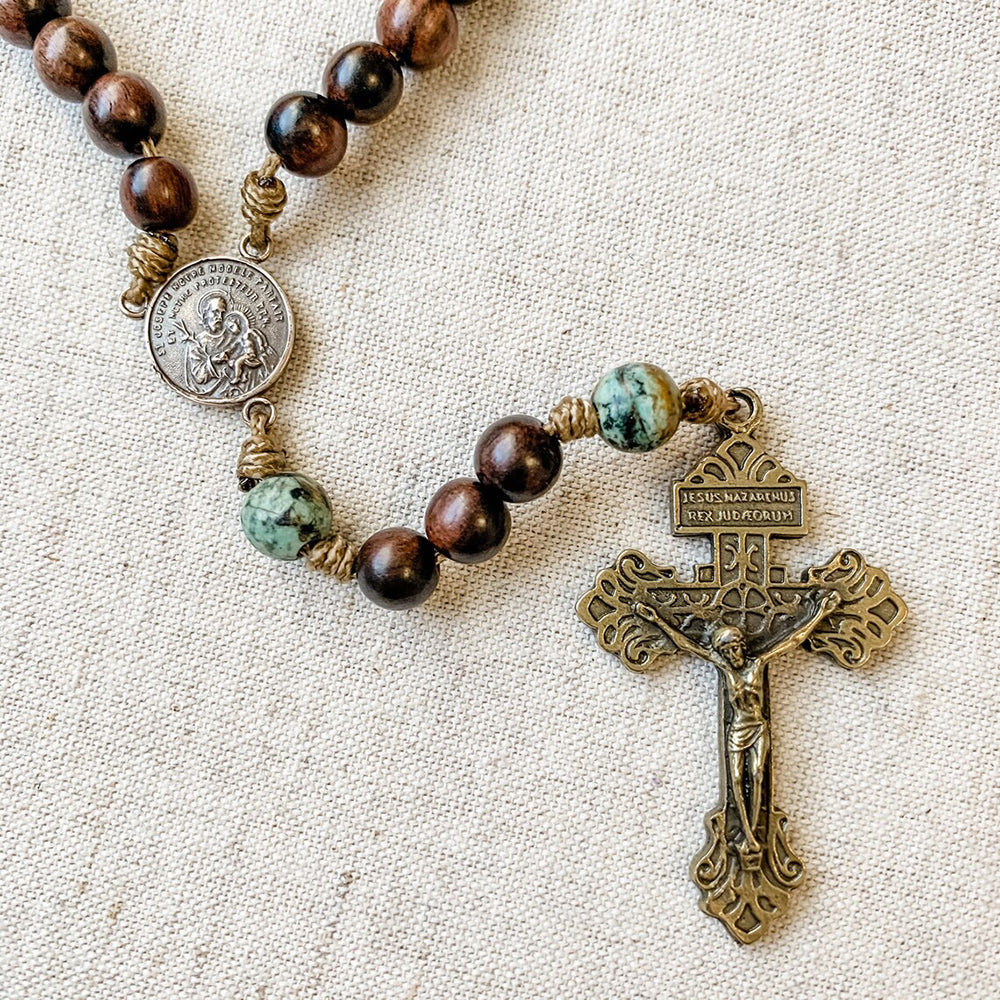 St. Joseph & Two Hearts Wood Bead Corded Rosary - Image 4
