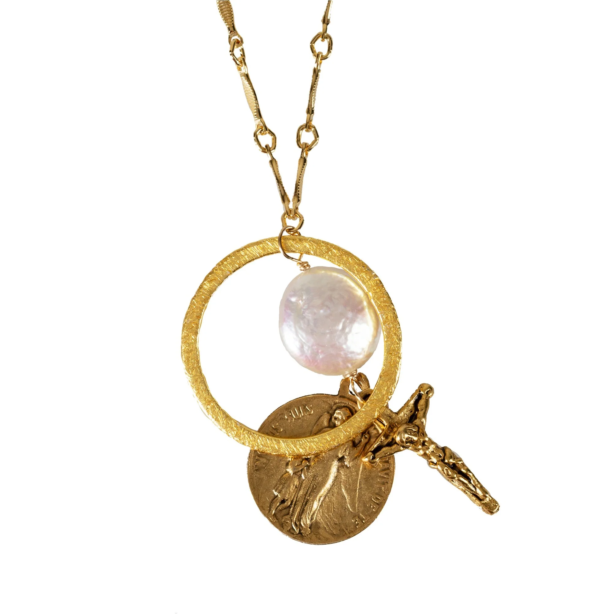 St. Michael, Crucifix and Freshwater Pearl Necklace - Image 2