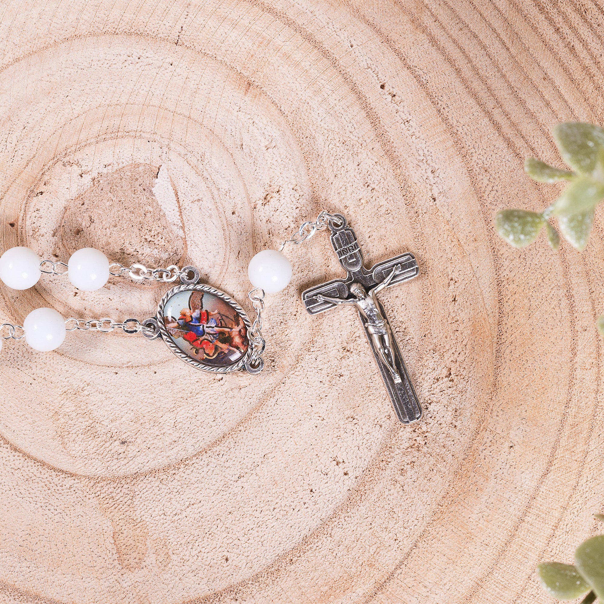 St. Michael White Glass Auto Rosary - Image 4
