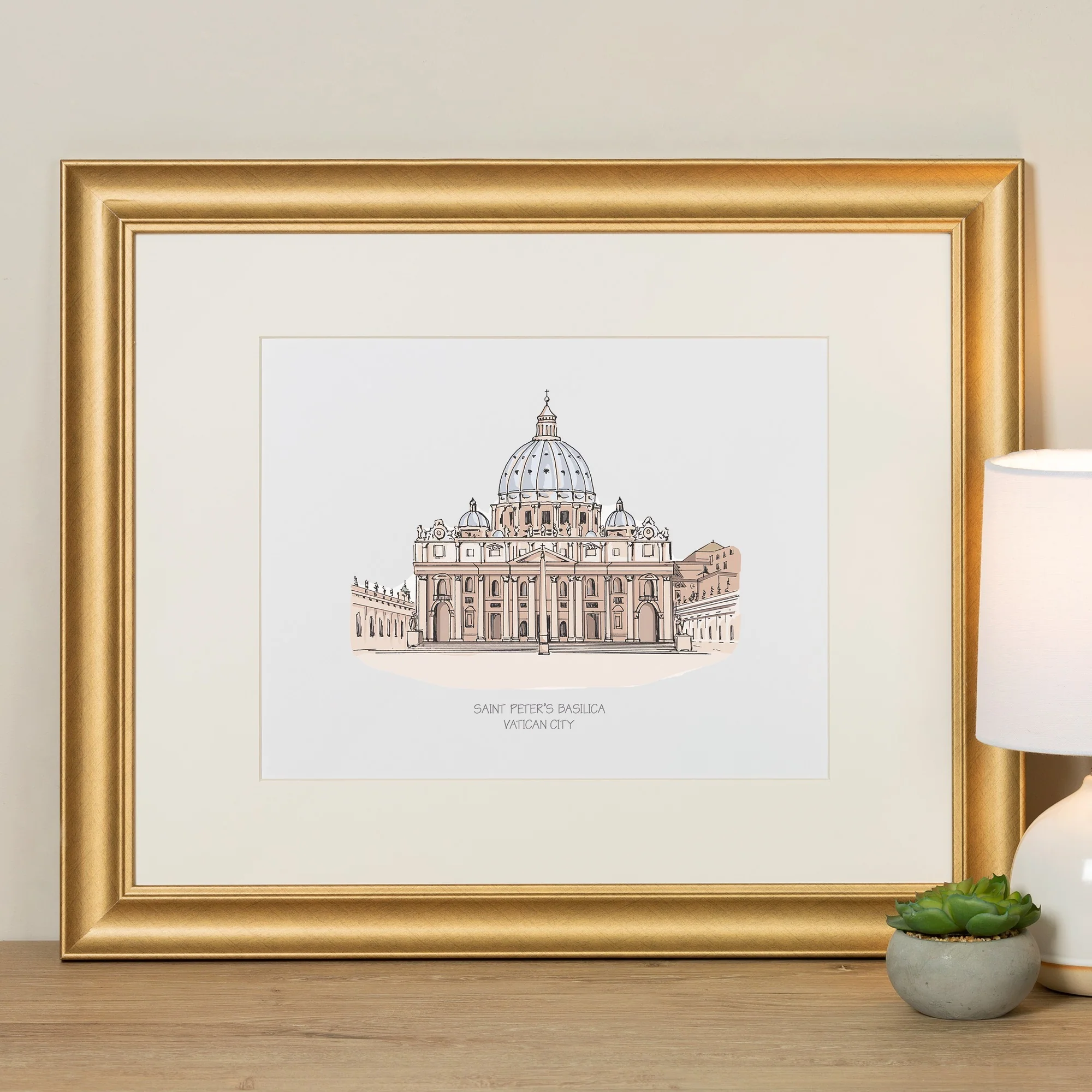 St. Peter's Basilica Ink & Watercolor Large Framed Prints