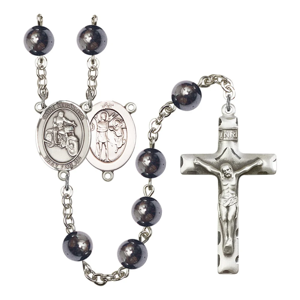 St. Sebastian / Motorcycle 8mm Hematite Rosary