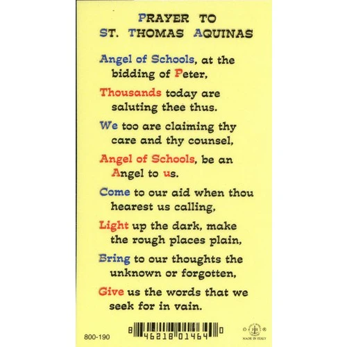 St. Thomas Aquinas Laminated Prayer Card - Image 2