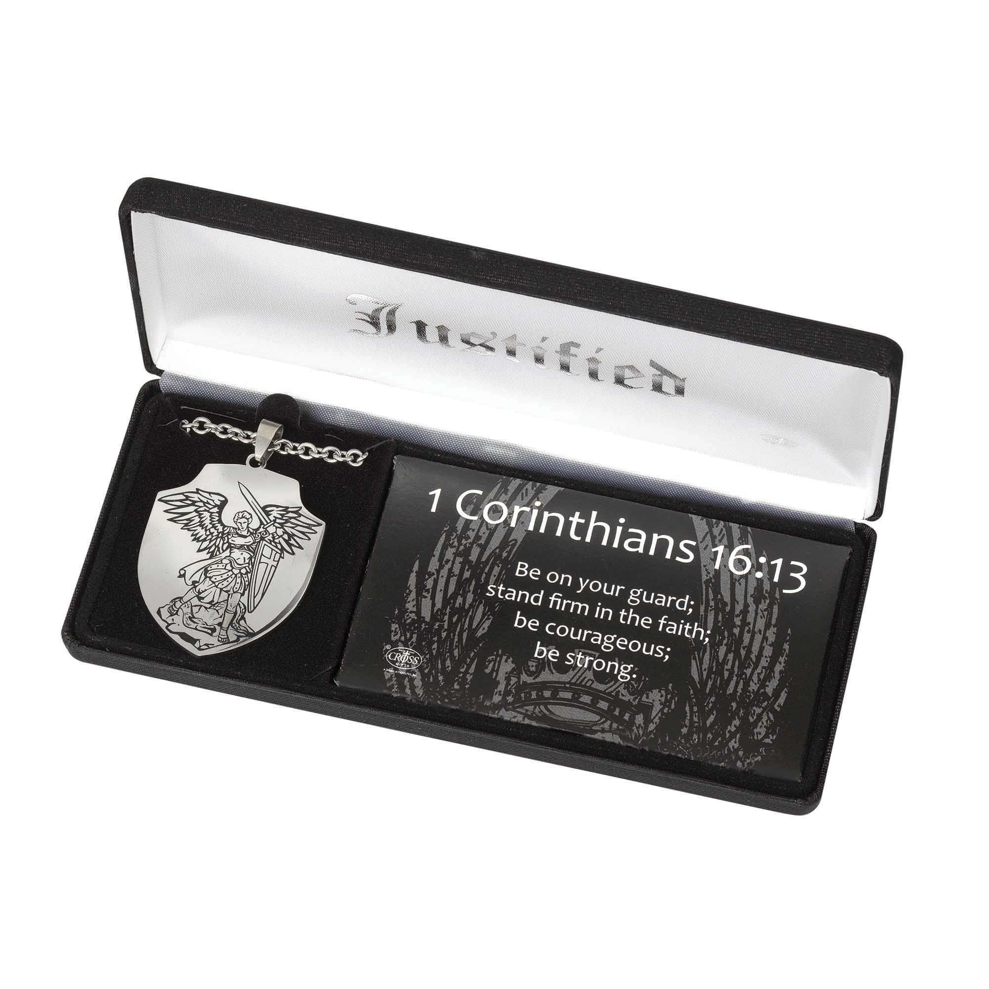 Stainless Steel St. Michael Shield & Cross Necklace