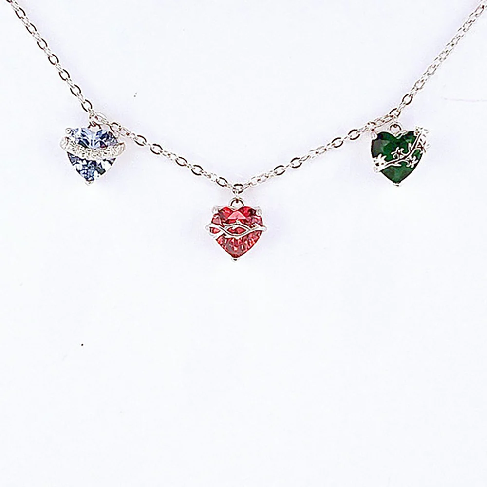 Sterling Silver 3 Hearts Jeweled Choker - Blue Red Green or Pink Red Green