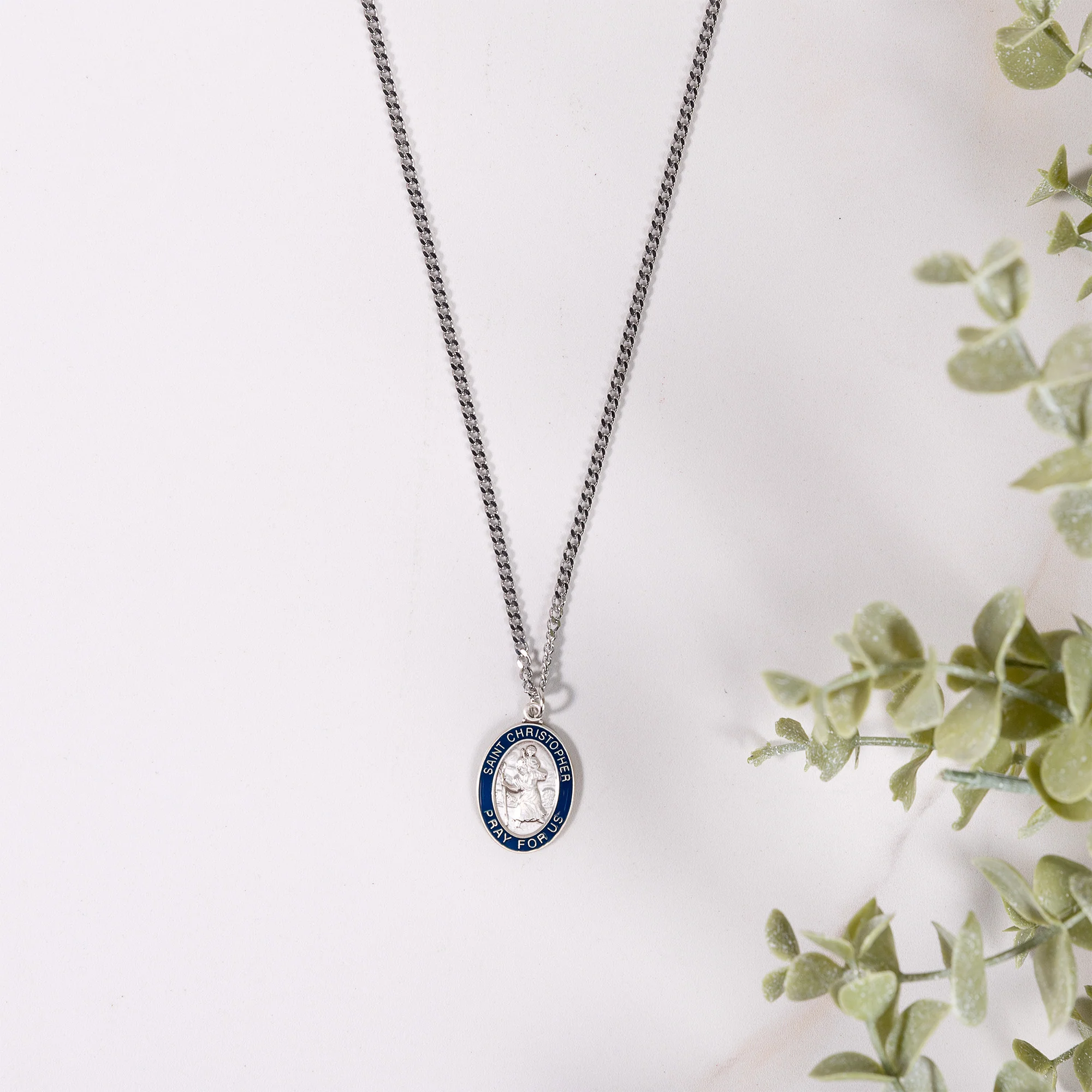 Sterling Silver & Blue Enamel St. Christopher Medal Necklace