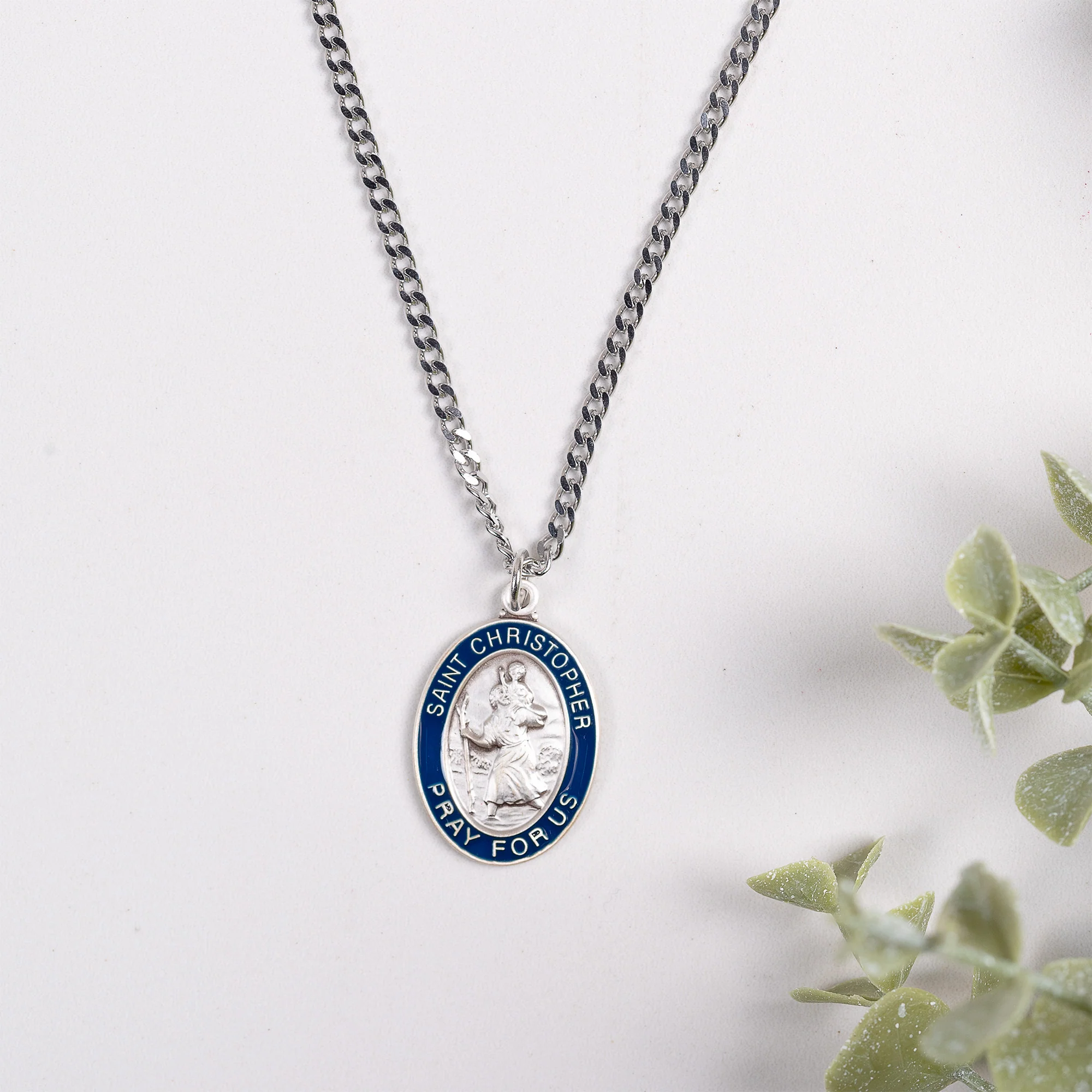 Sterling Silver & Blue Enamel St. Christopher Medal Necklace - Image 2