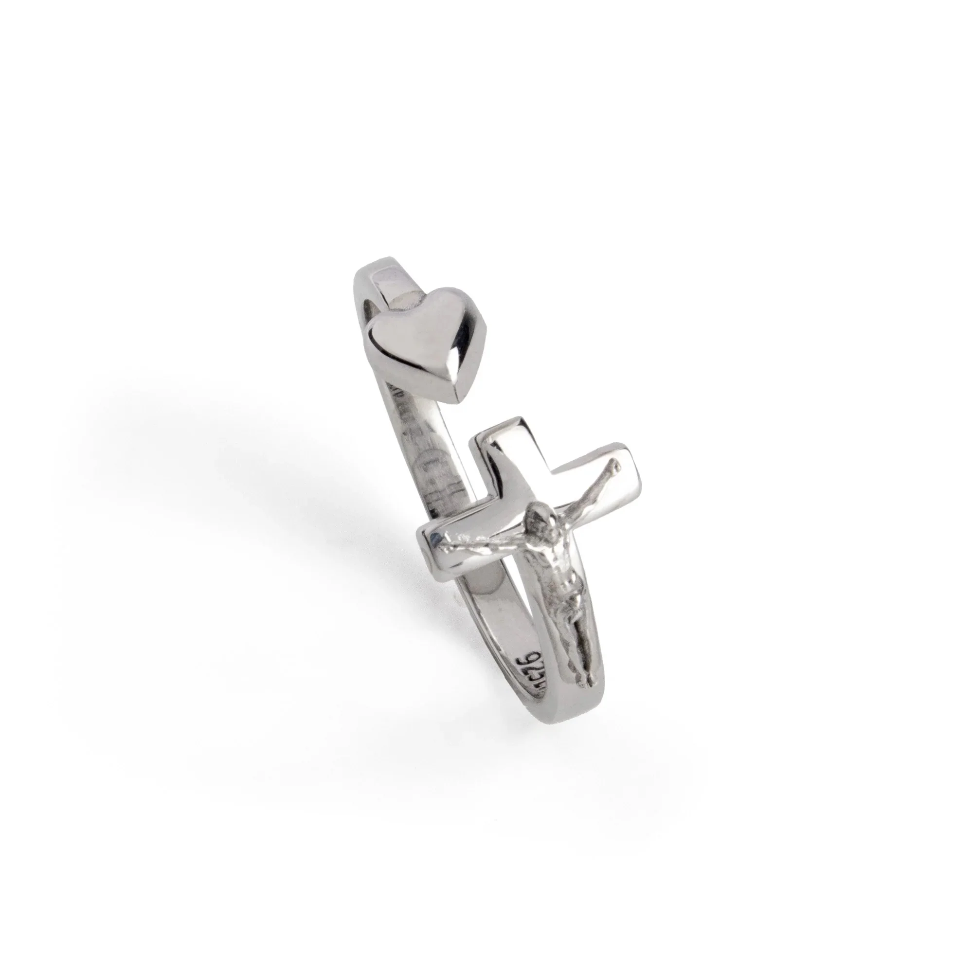 Sterling Silver Crucifix & Heart Wraparound Ring - Size 5-8