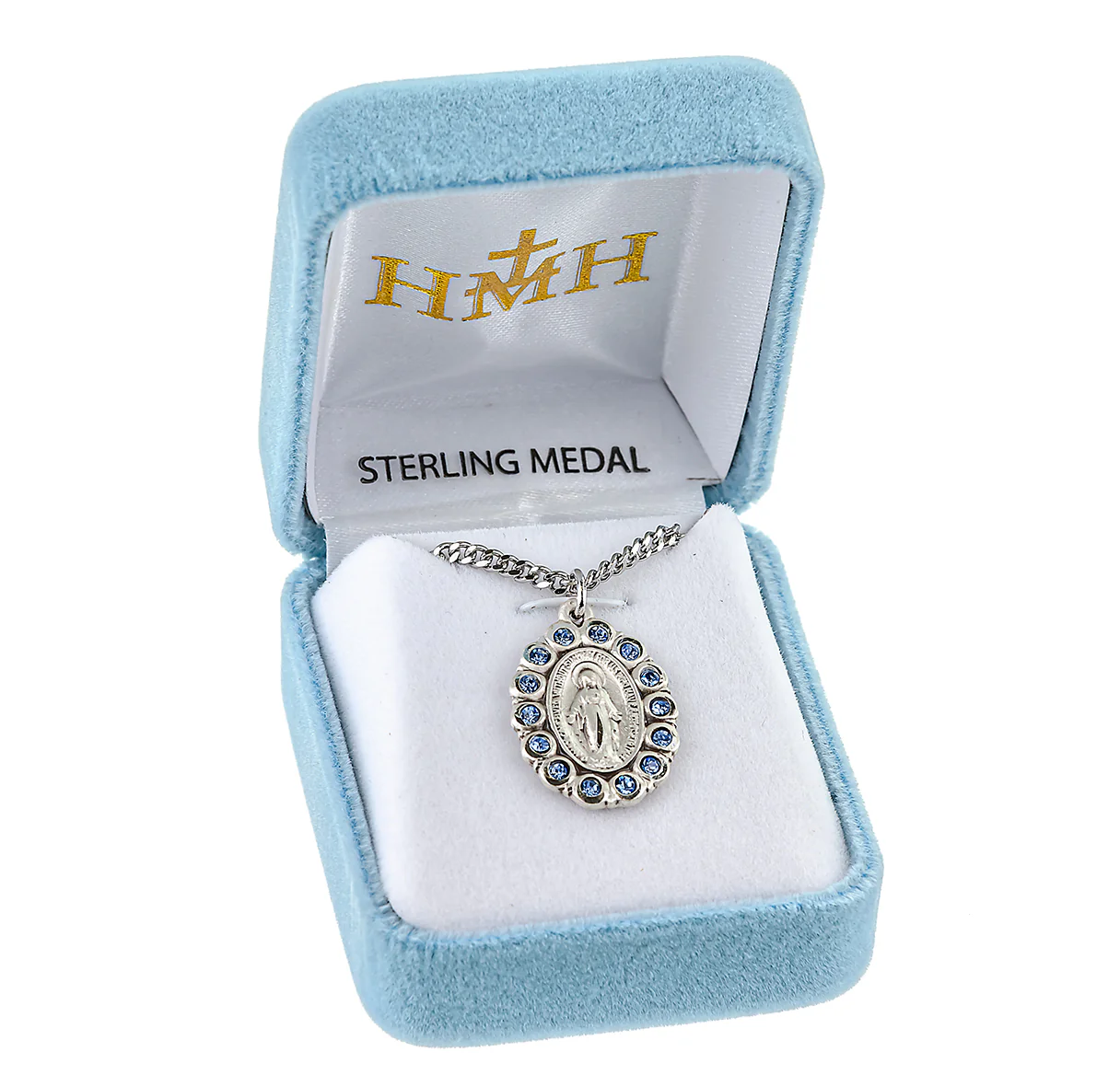 Sterling Silver Oval Miraculous Medal w/ Light Sapphire - Image 3
