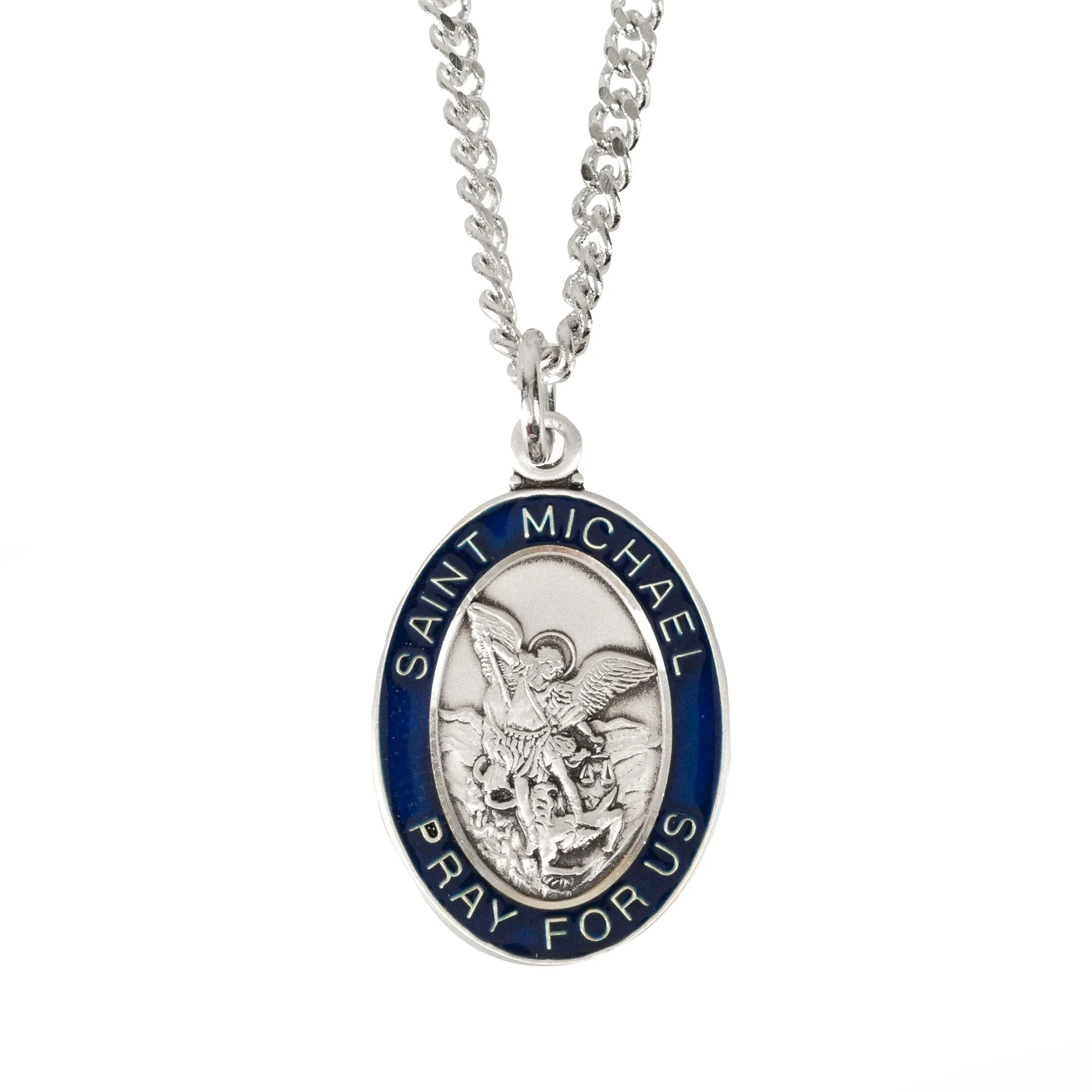 Sterling St. Michael Medal Necklace with Blue Border