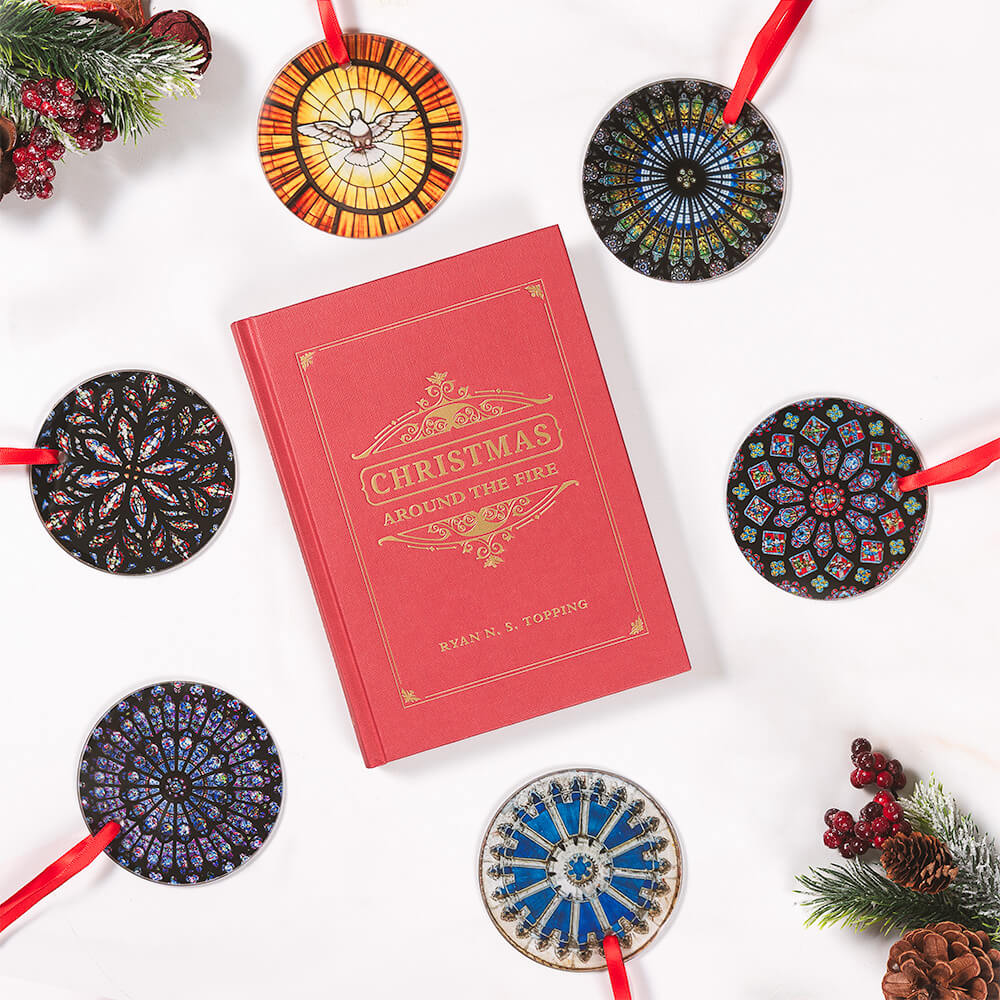 Christmas Around the Fire Book & Stained Glass Ornaments Christmas Gift Set
