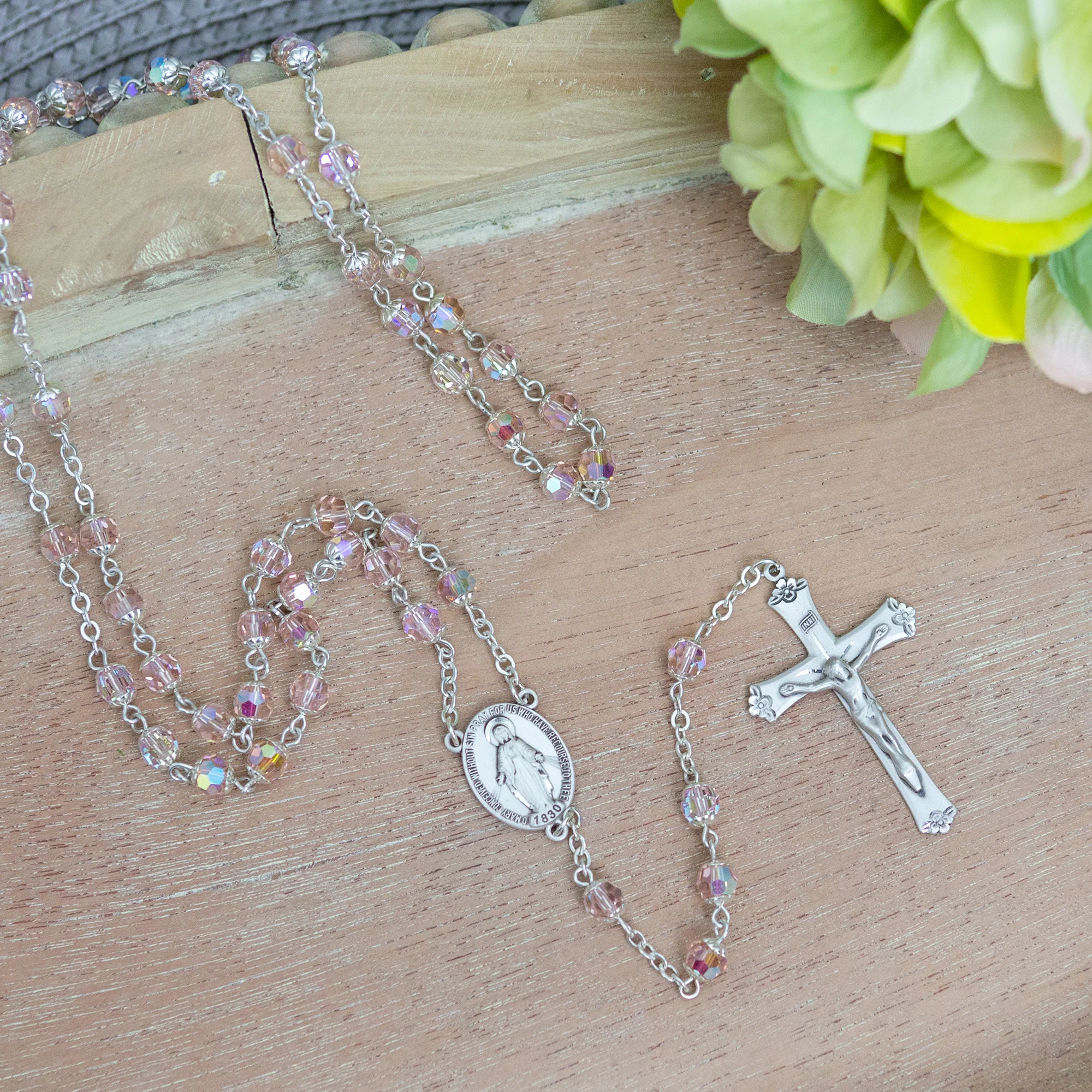 Swarovski Rose and Sterling Silver Rosary