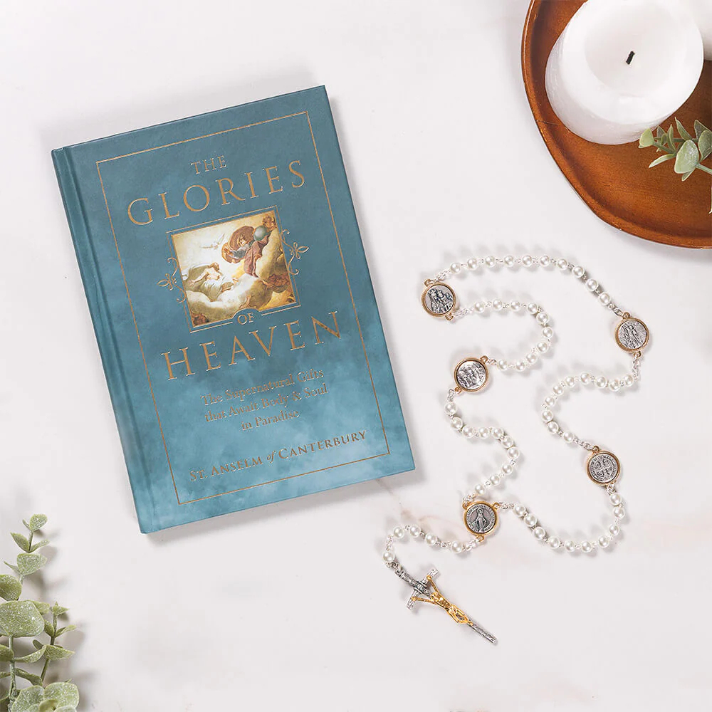 The Glories of Heaven Book & All Saints Pearl Rosary Gift Set