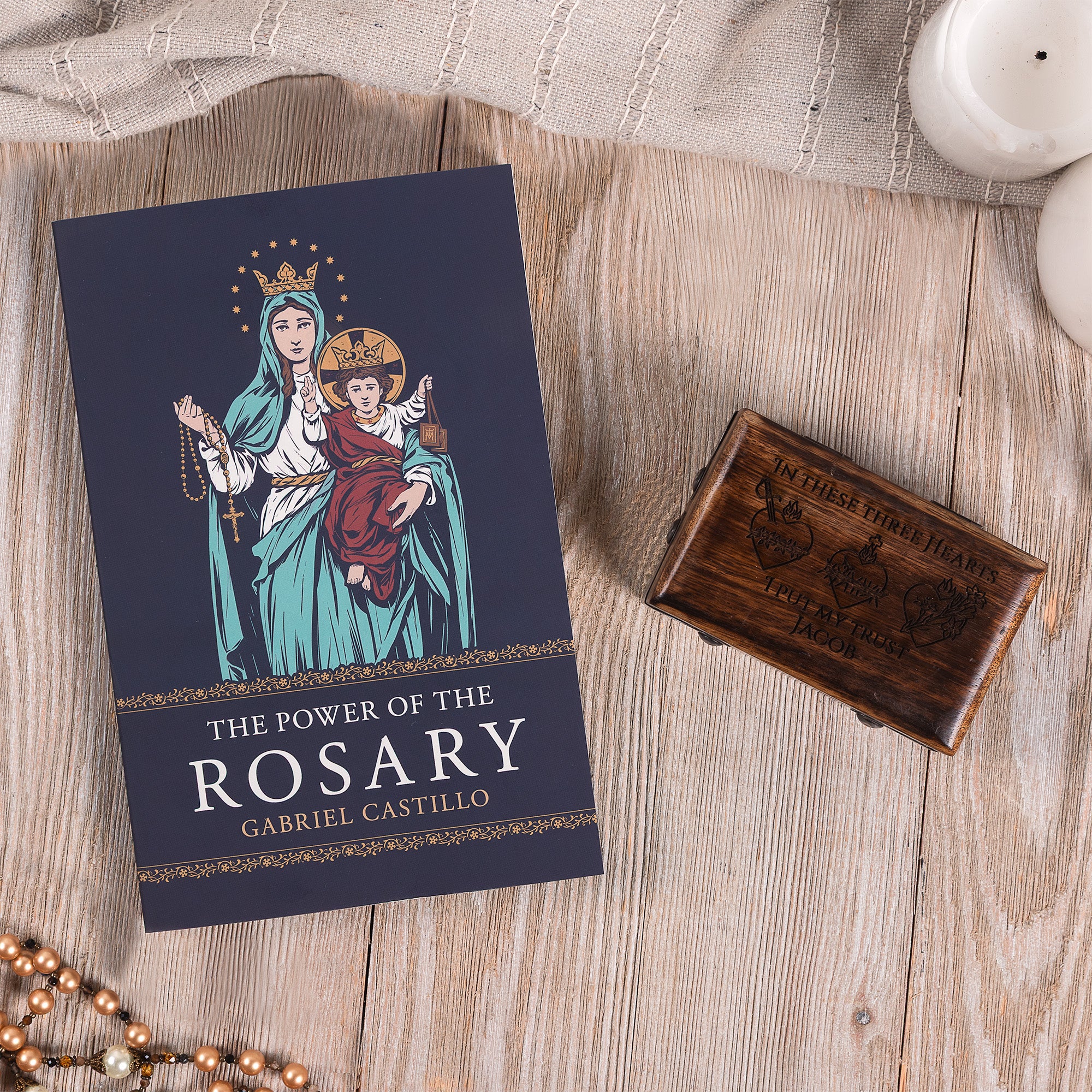 The Power of the Rosary Book & Personalized Three Hearts Rosary Box Gift Set