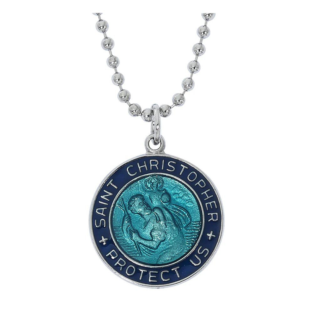 Two Tone Blue & Silver St. Christopher Medal Necklace