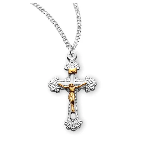 Two Tone Scalloped Sterling Silver Crucifix Necklace