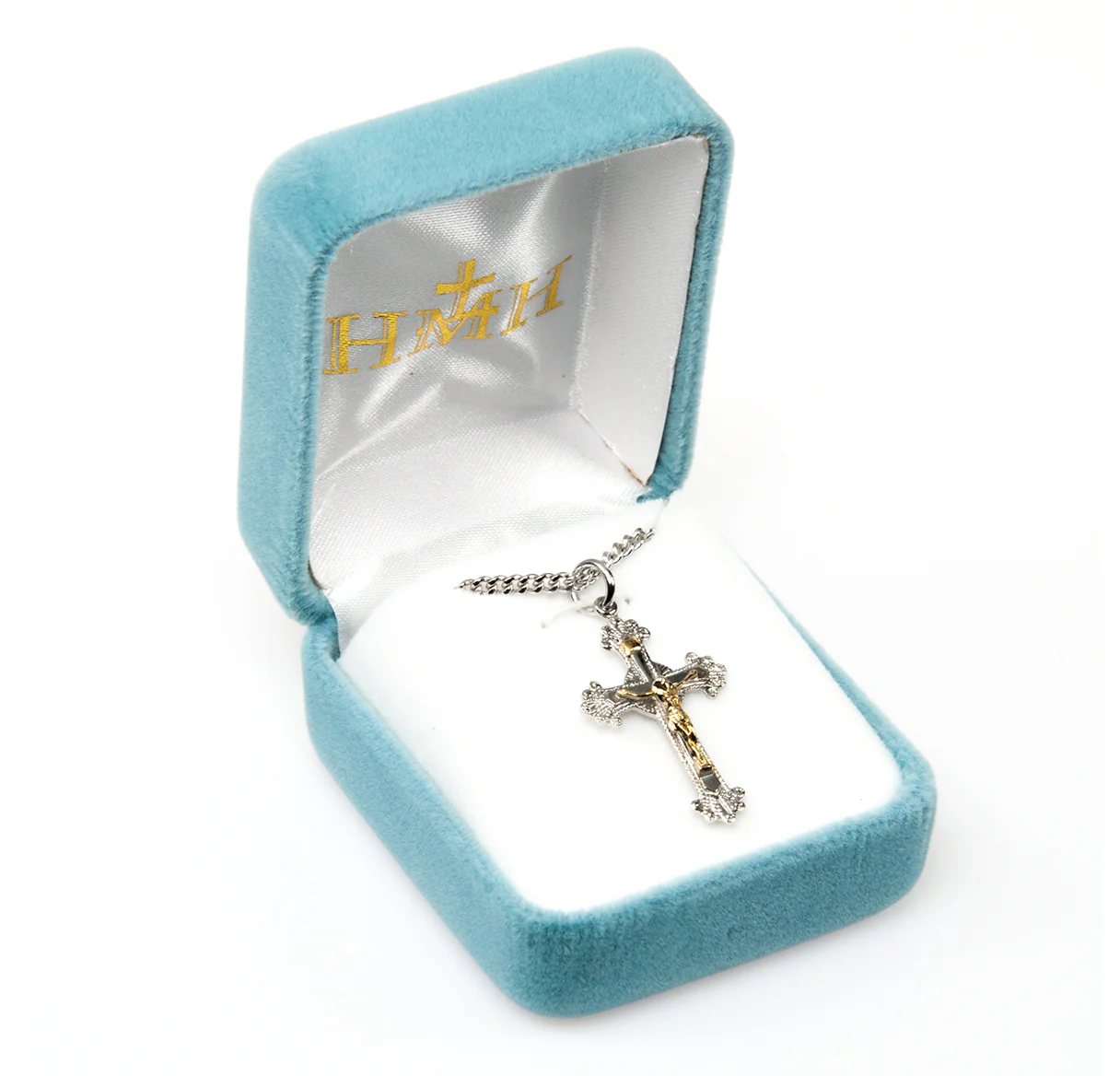 Two Tone Scalloped Sterling Silver Crucifix Necklace - Image 2