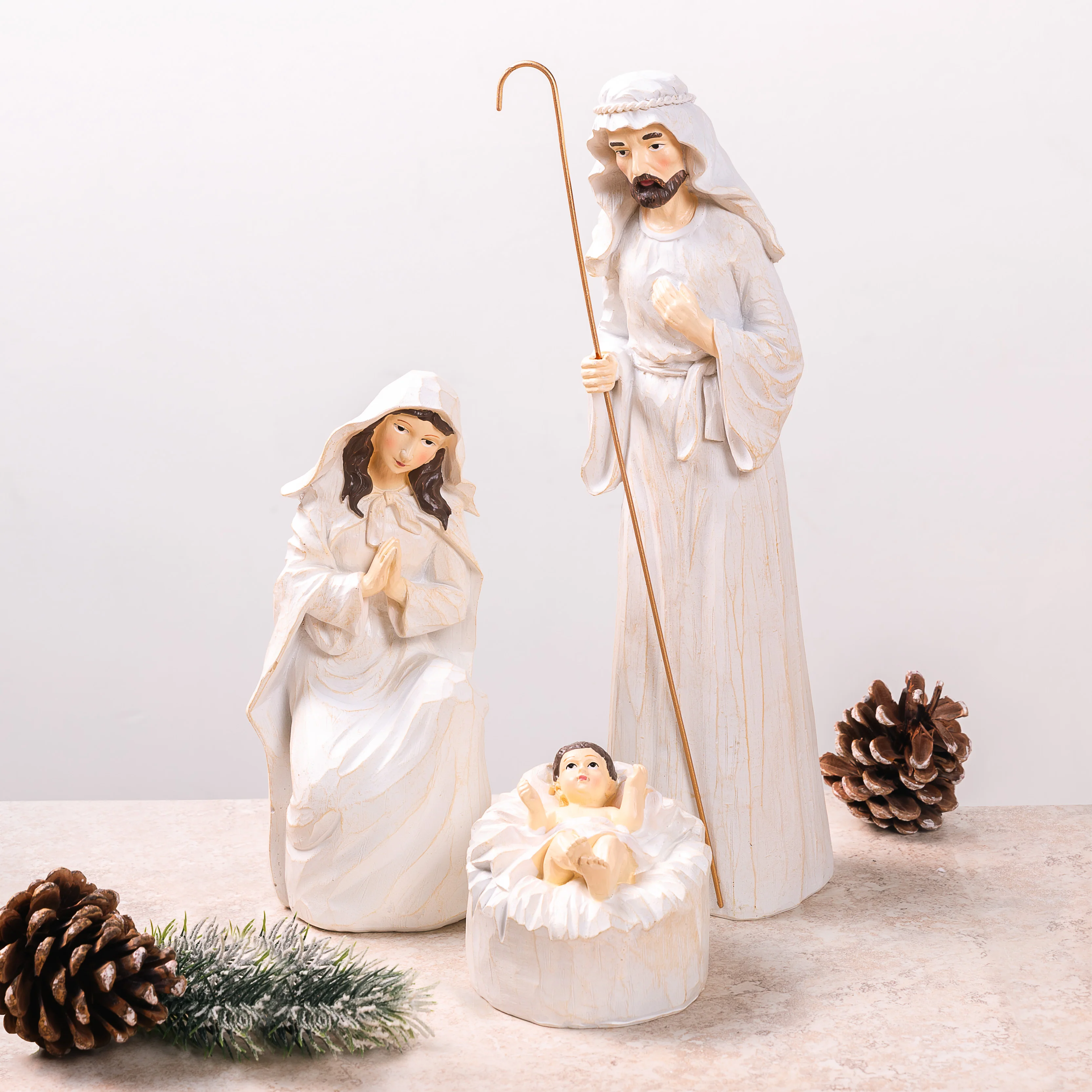 White Distressed Holy Family Nativity - 3 Pieces